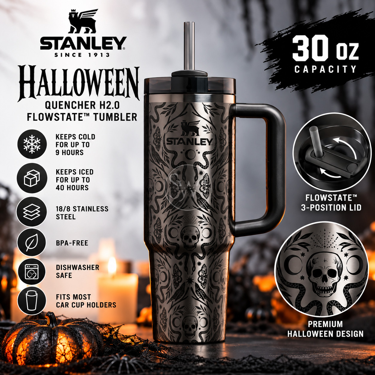 Stanley Halloween Quencher H2.0 FlowState Tumbler | 30oz – Deadly Damask New