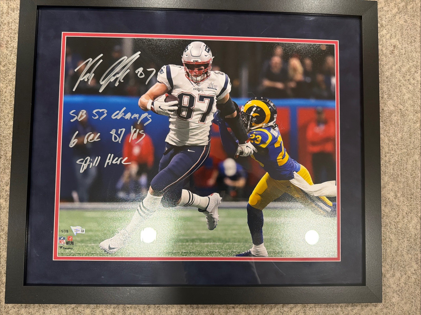 Framed Rob Gronkowski Patriots Signed 16x20 Super Bowl 53 Champs Still Here /18 Framed Rob Gronkowski Patriots Signed 16x20 Super Bowl 53 Champs Still Here /18