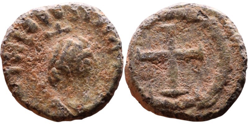 🔥VERY RARE*THEODOSIUS II 402-450 AD-10mm/0.77g-F-CROSS-RIC X 454-CROSS ON HEAD