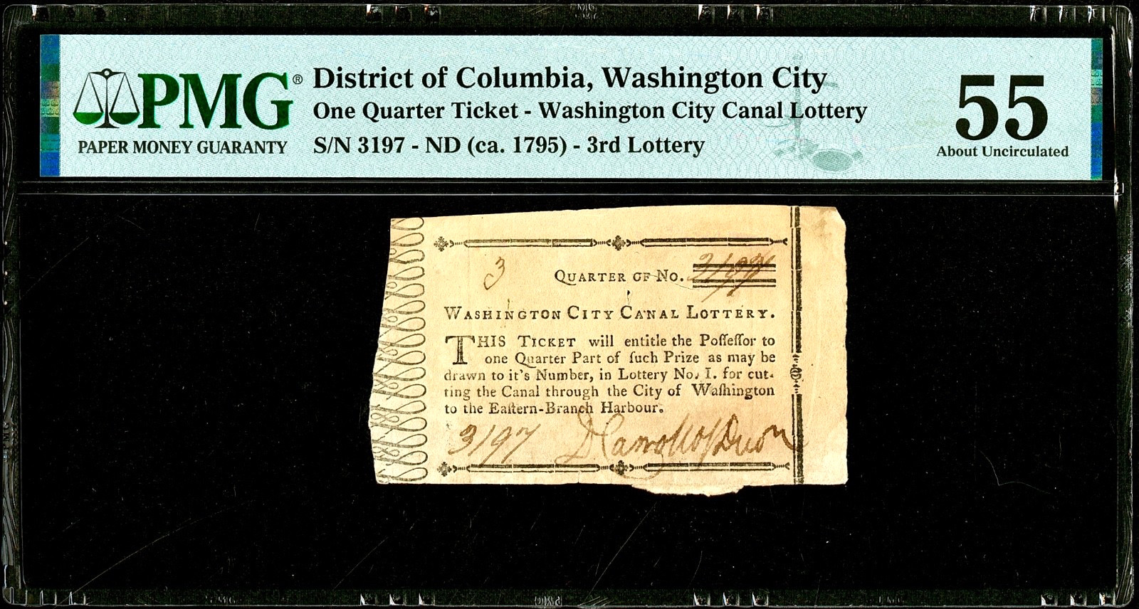 Ca 1795 Colonial Washington City Canal Lottery Signed Daniel Carroll PMG AU55