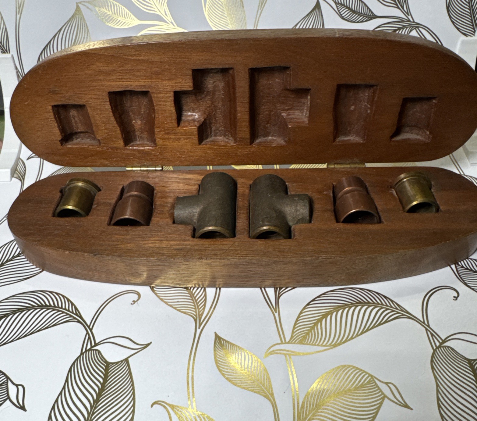 19th Century Antique Brass/Copper Pipe Fitting Salesman Sample Display In Walnut