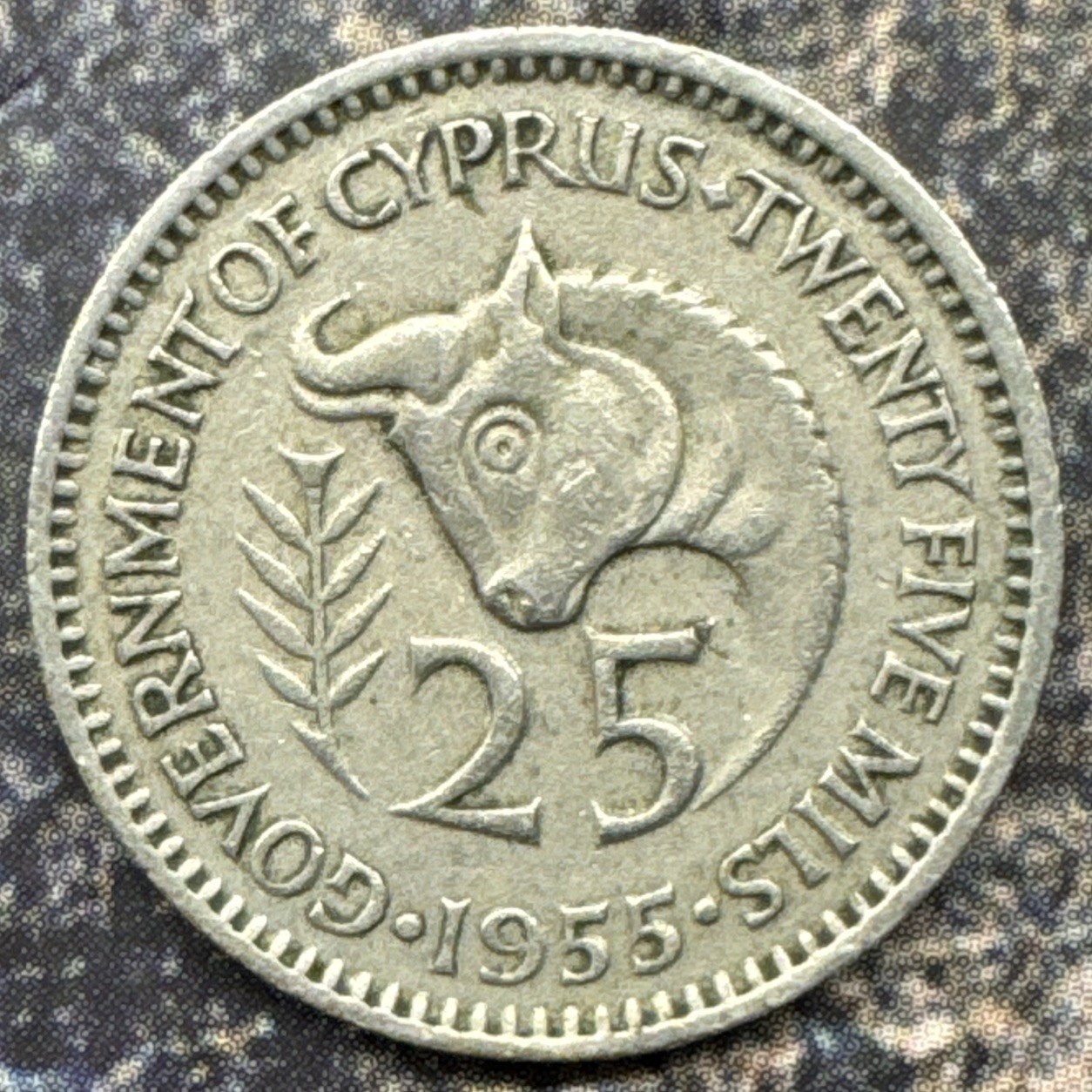 Cyprus 1955 Copper-Nickel 25 Mils. Elizabeth II. One Year Type. KM# 35