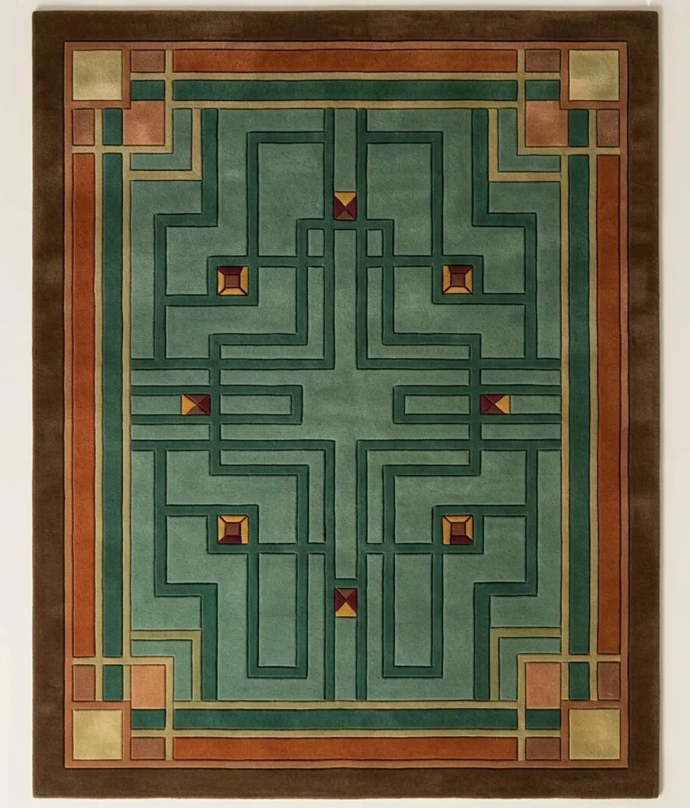 Hand-Tufted Geometric Wool Rug – Art Deco Sage Green Terracotta Mid Century Rug Hand-Tufted Geometric Wool Rug – Art Deco Sage Green Terracotta Mid Century Rug