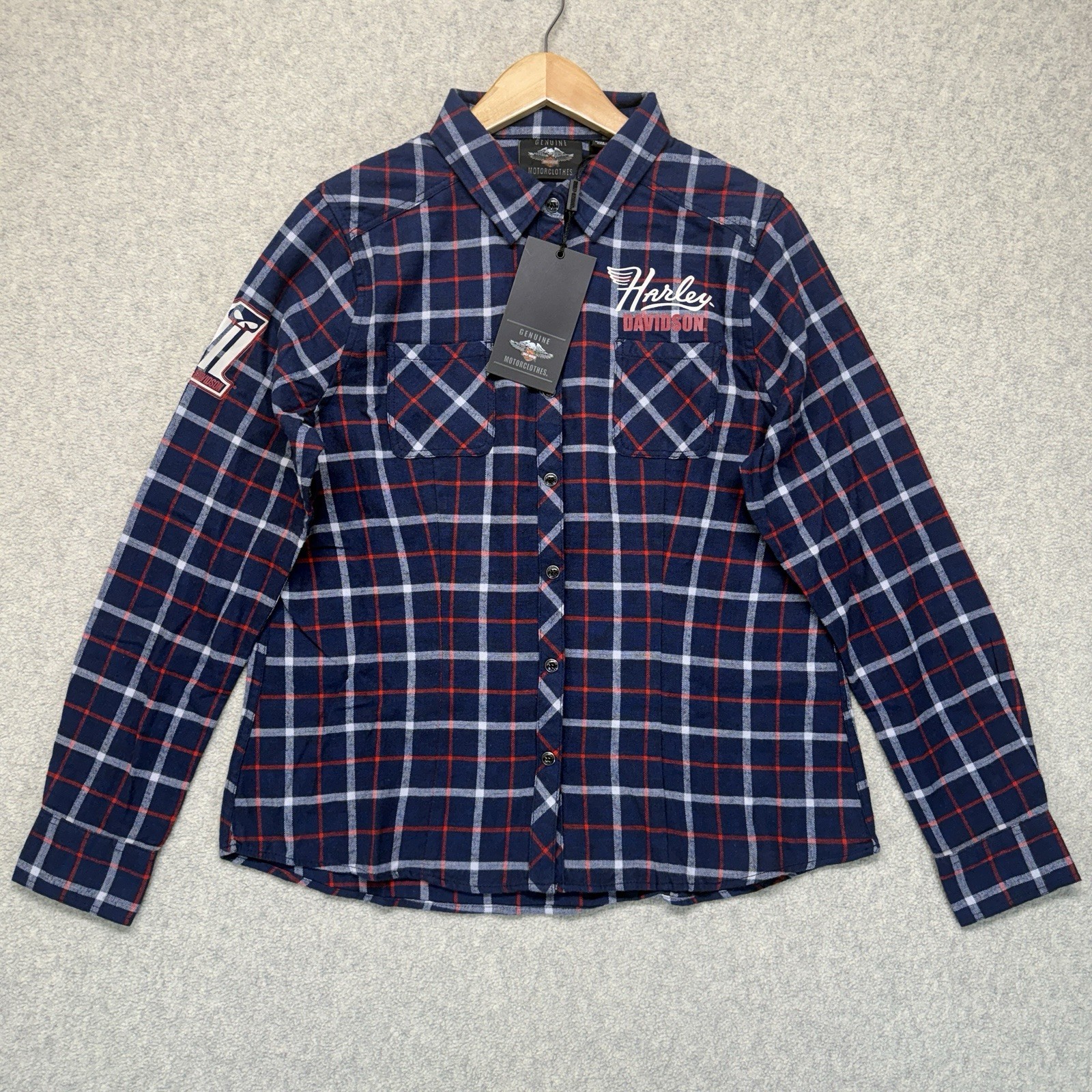 Harley Davidson Women’s Large Plaid Button Front Shirt Blue Red Long Sleeve NWT