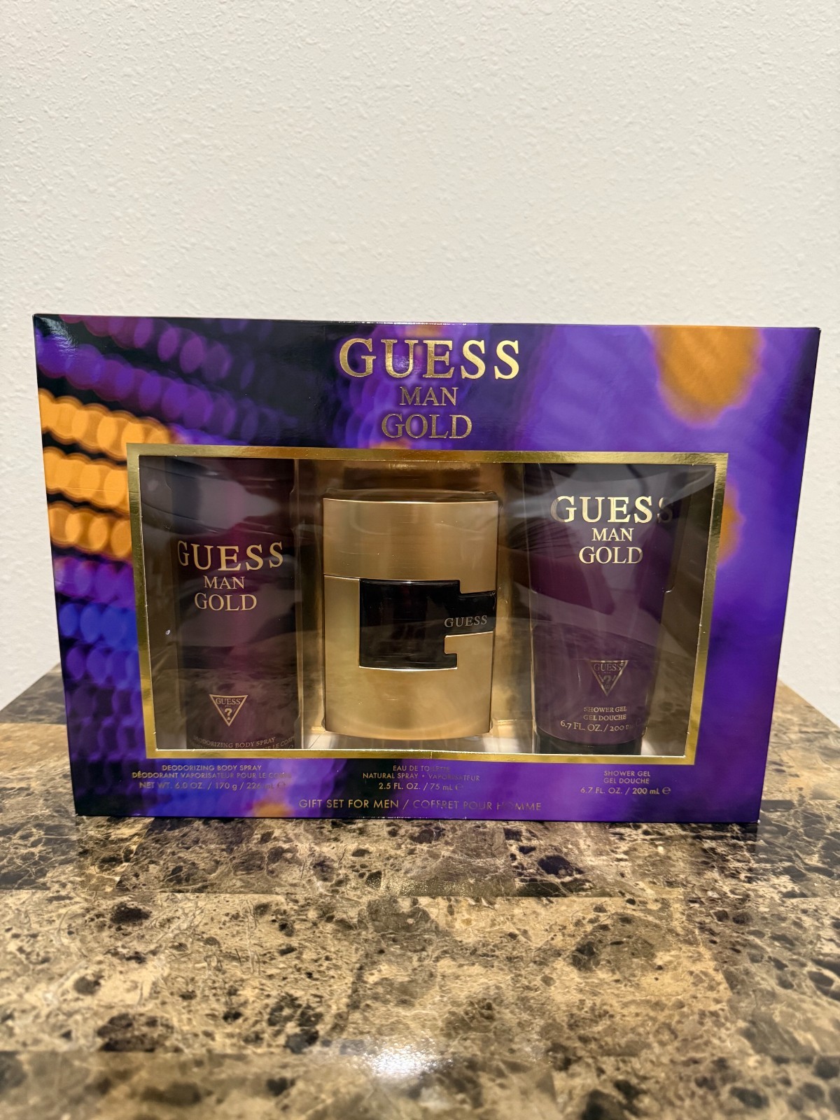 GUESS Man Gold 3-Piece Gift Set 2.5 oz EDT Body Spray Shower Gel New