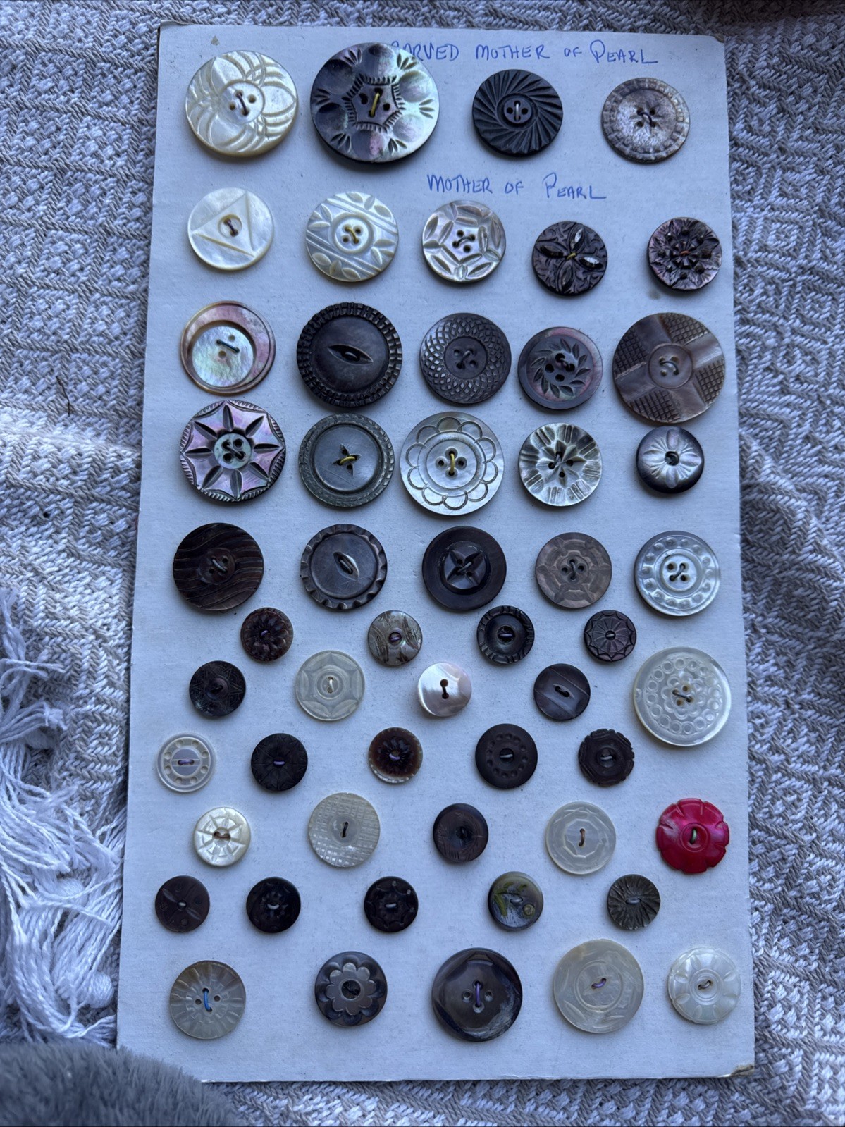 Vintage LARGE Carved Mother of Pearl Shell Buttons Lot Floral Black White Card Vintage LARGE Carved Mother of Pearl Shell Buttons Lot Floral Black White Card