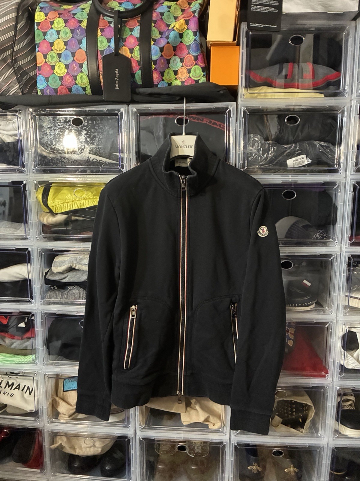 Rare Moncler Maglia Cardigan Black Zip Up Tricolor Trim Large Slim Fit - $1295 Rare Moncler Maglia Cardigan Black Zip Up Tricolor Trim Large Slim Fit - $1295