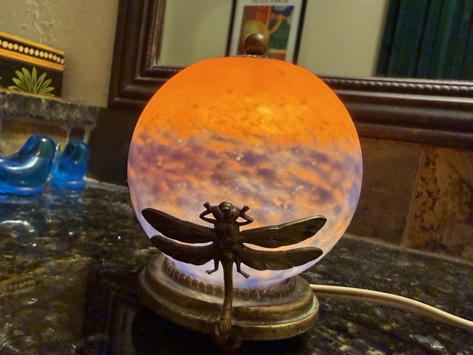 Antique Unsigned Robj Veilleuse Dragonfly Globe Nightlight c. 1920's