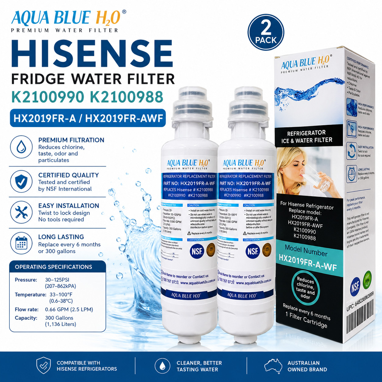 2x Hisense HX2019FR-A Twist-in Refrigerator Water Filter