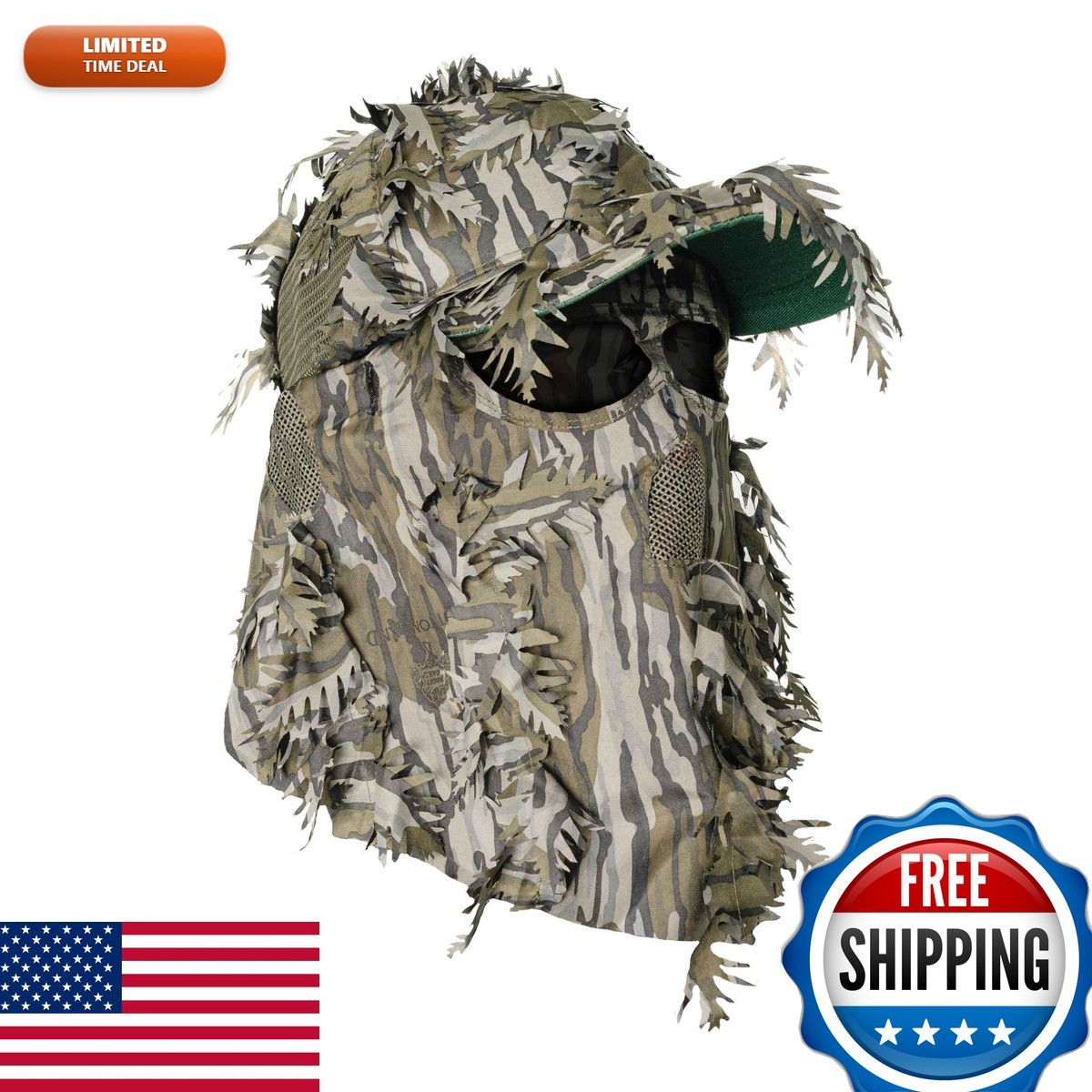 Mossy Oak Original Bottomland 2-in-1 3D Leafy Camo Face Mask Hat OSFM Mossy Oak Original Bottomland 2-in-1 3D Leafy Camo Face Mask Hat OSFM