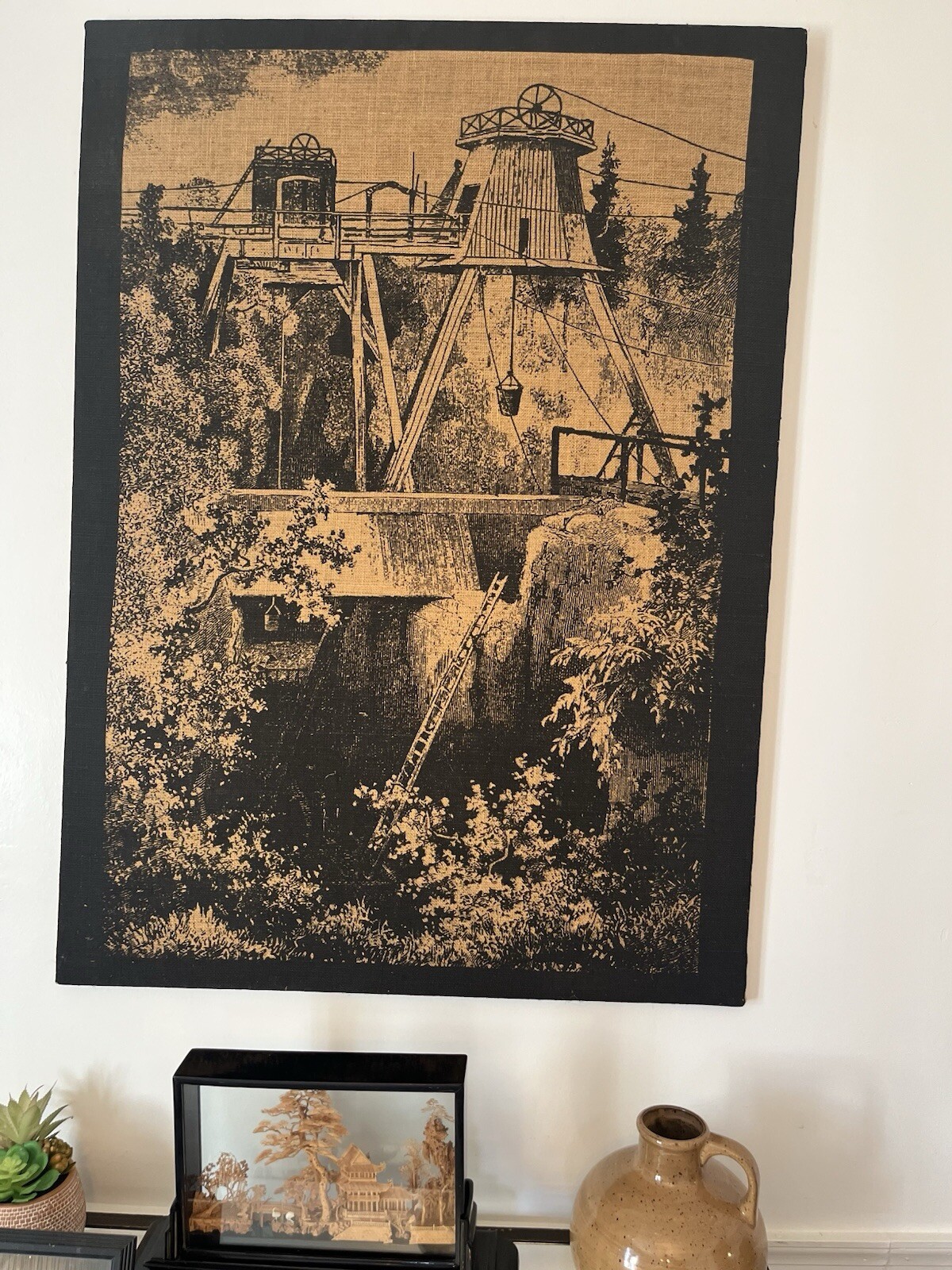 Framed scene on burlap fabric : 44 inches tall by 32 inches wide