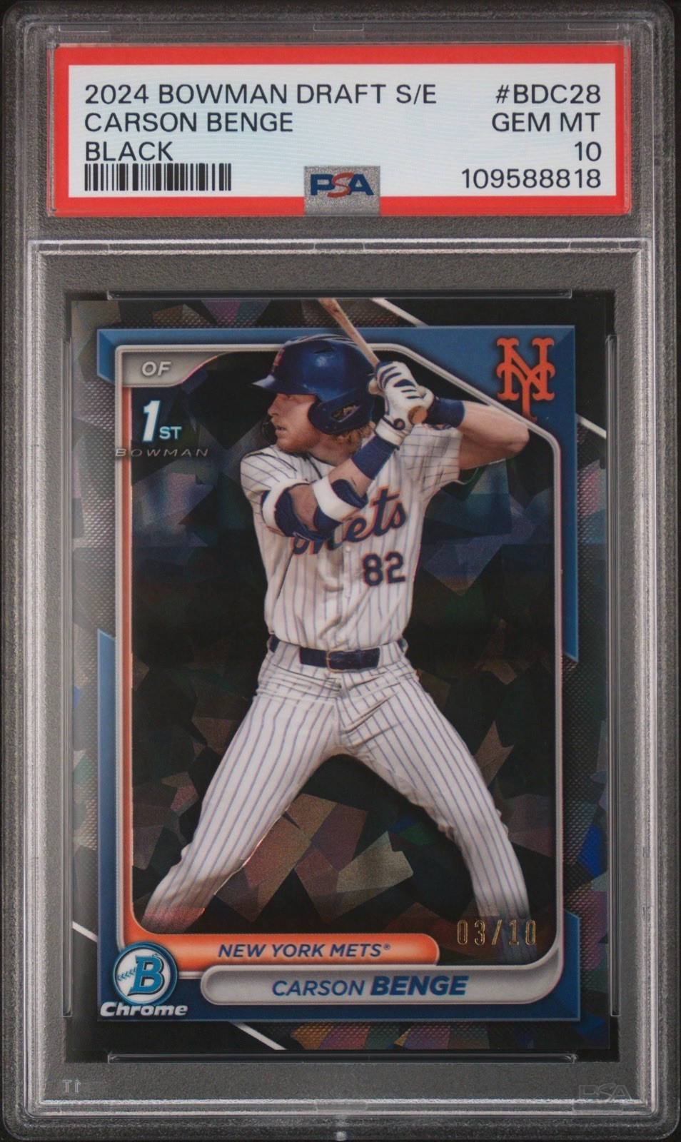 Carson Benge 2024 Bowman Chrome Draft First Sapphire Black /10 SSP Rookie PSA 10