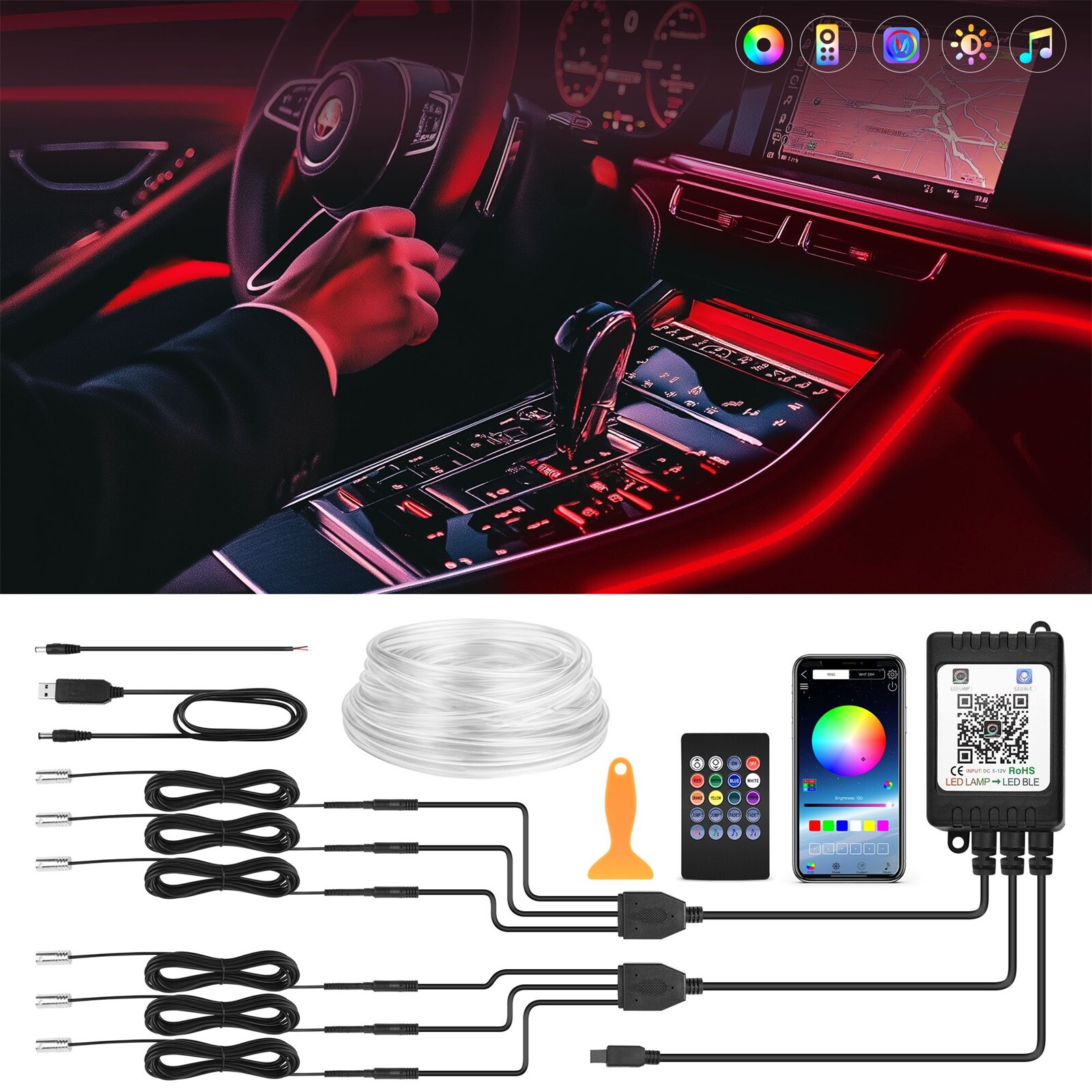 8M Car LED Interior Ambient Lighting Kits,16 Million Colors Car Decoration Light