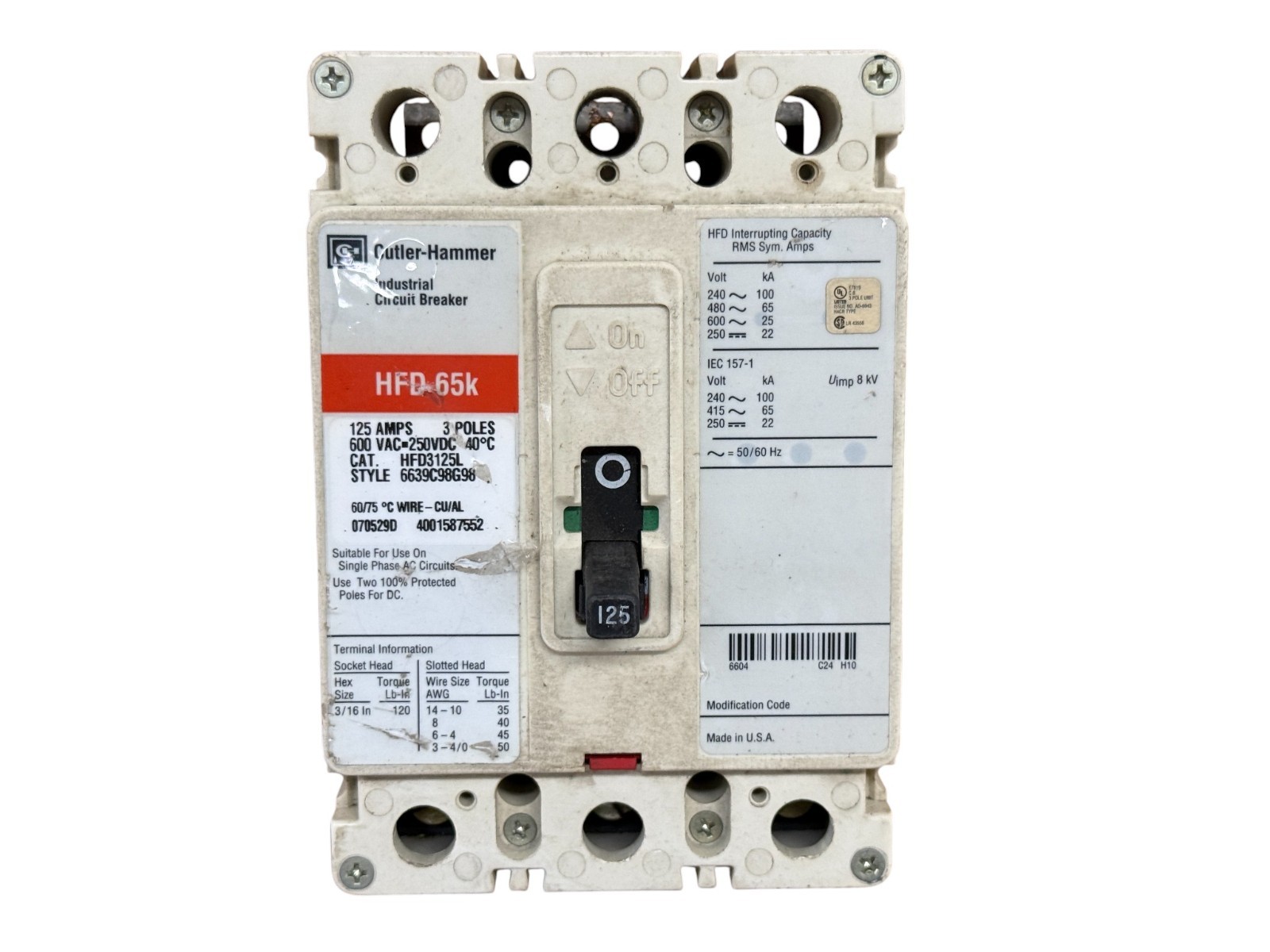 EATON HFD3125L 125A 3-PHASE 3-POLE 600V F-FRAME MOLDED CASE CIRCUIT BREAKER