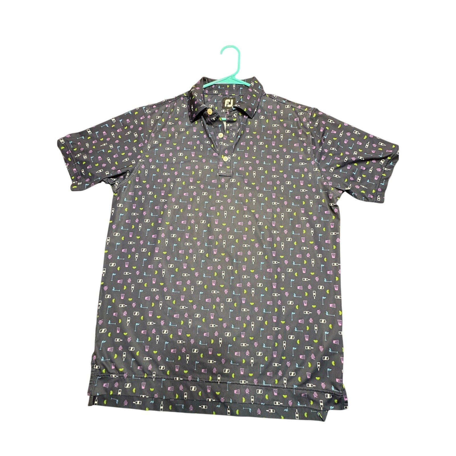 FJ FootJoy Transfusion Polo Shirt Mens Size Medium Navy Cocktail Drink Print