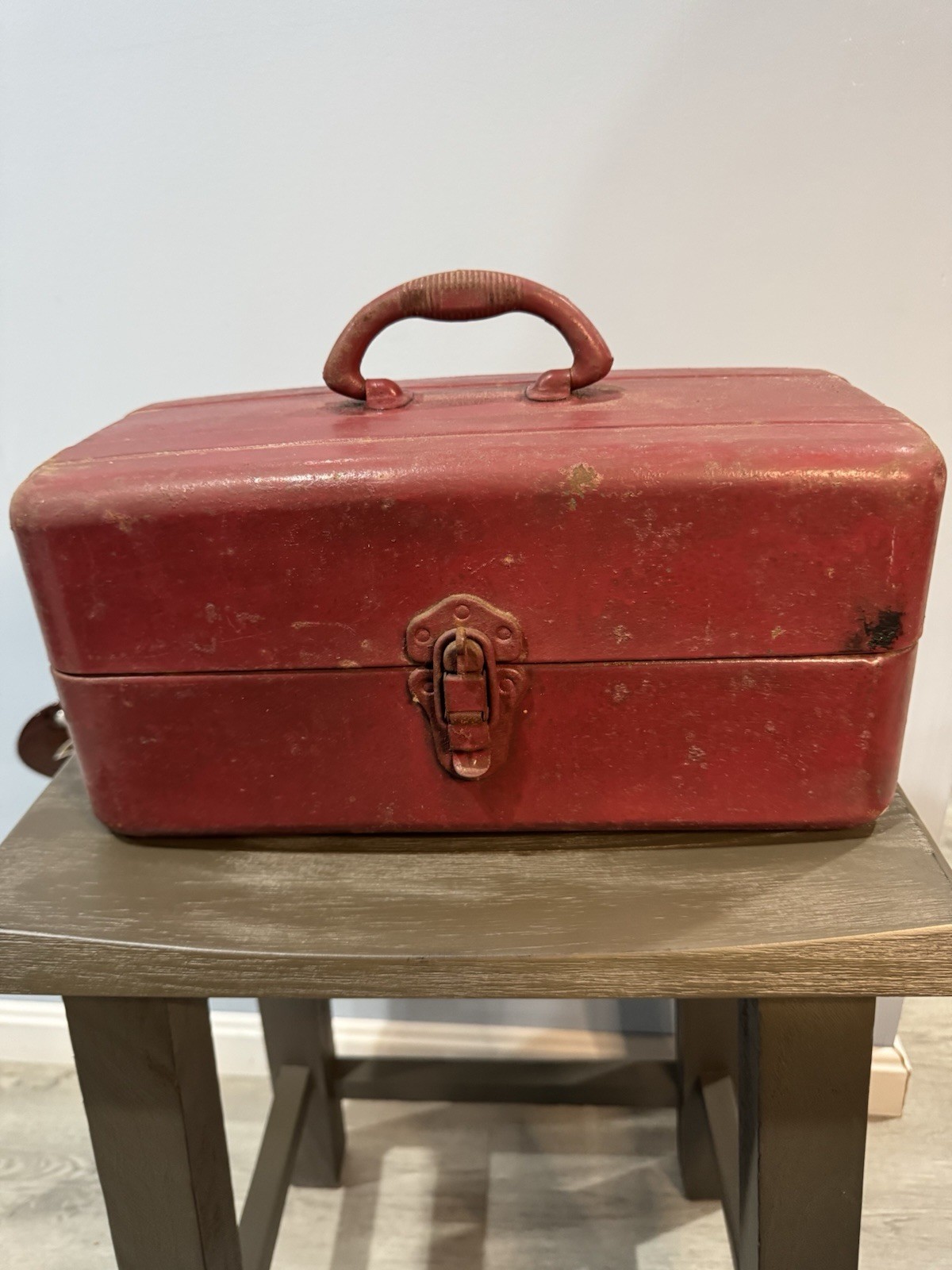 Vintage 1950s Union Steel Tackle Box Red Cantilever 2 Tier Metal Fishing Chest