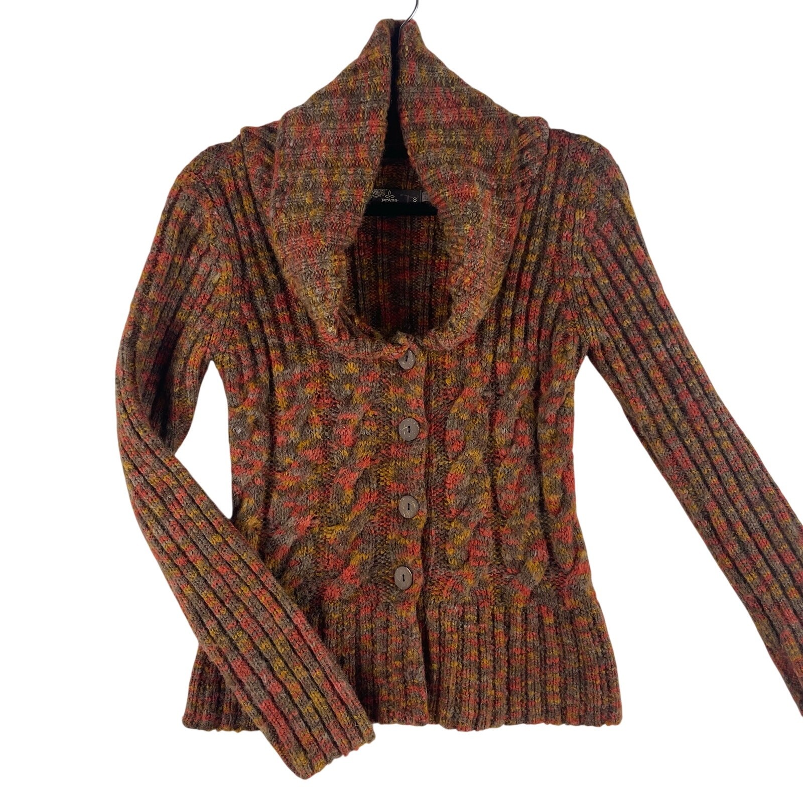 prAna WMNS Cardigan SZ S Rust Multicolor Space Dye Cable Knit Shawl Collar Wool