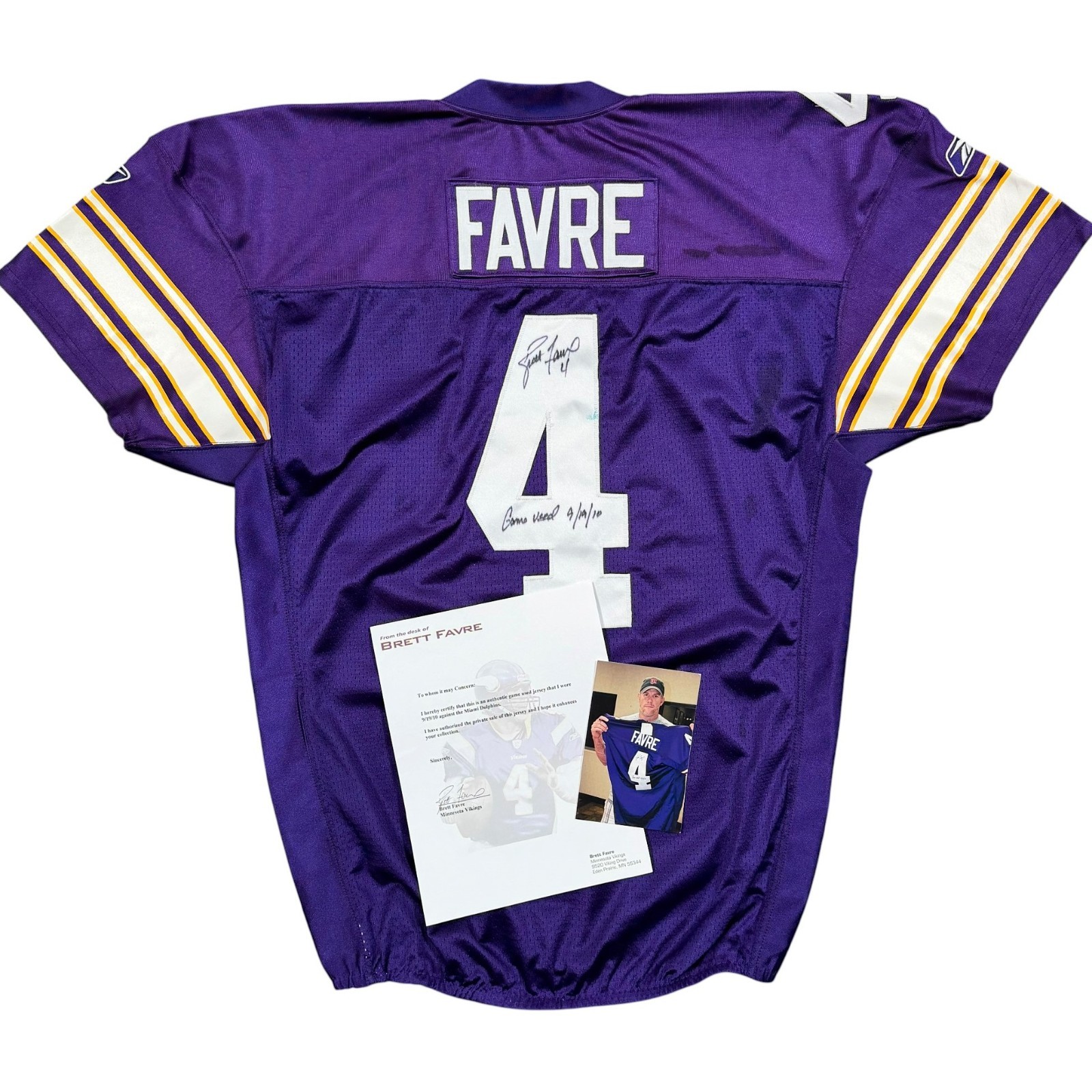 Brett Favre GAME WORN 💪 09/19/10 PHOTO MATCHED 📸 Vikings Jersey 👕 vs Dolphins