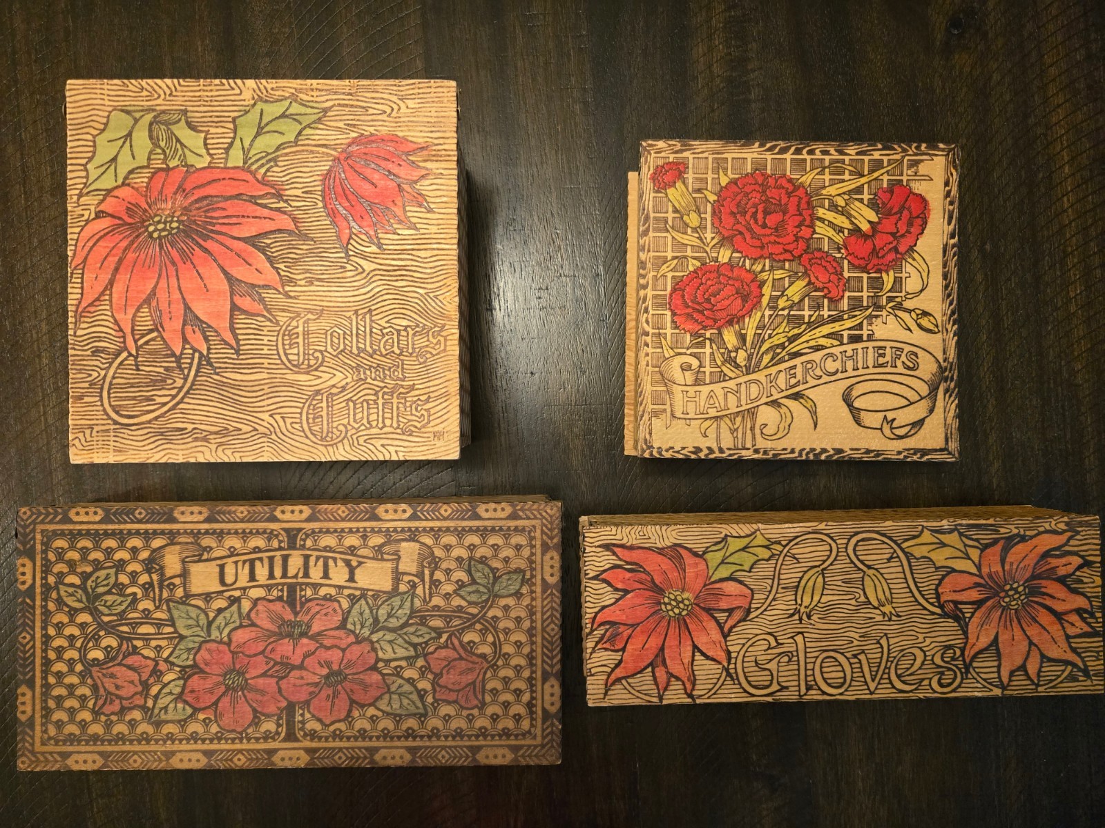 Antique c.1900 Flemish Style Pyrography Box Art Nouveau Floral 4 Pc 1 household