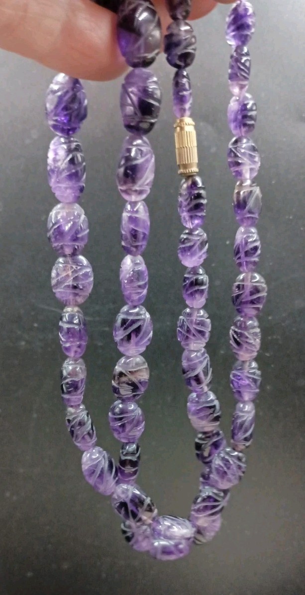 Vintage Carved Amethyst Beaded Necklace Polished Purple June Birthstone 24\ Vintage Carved Amethyst Beaded Necklace Polished Purple June Birthstone 24\