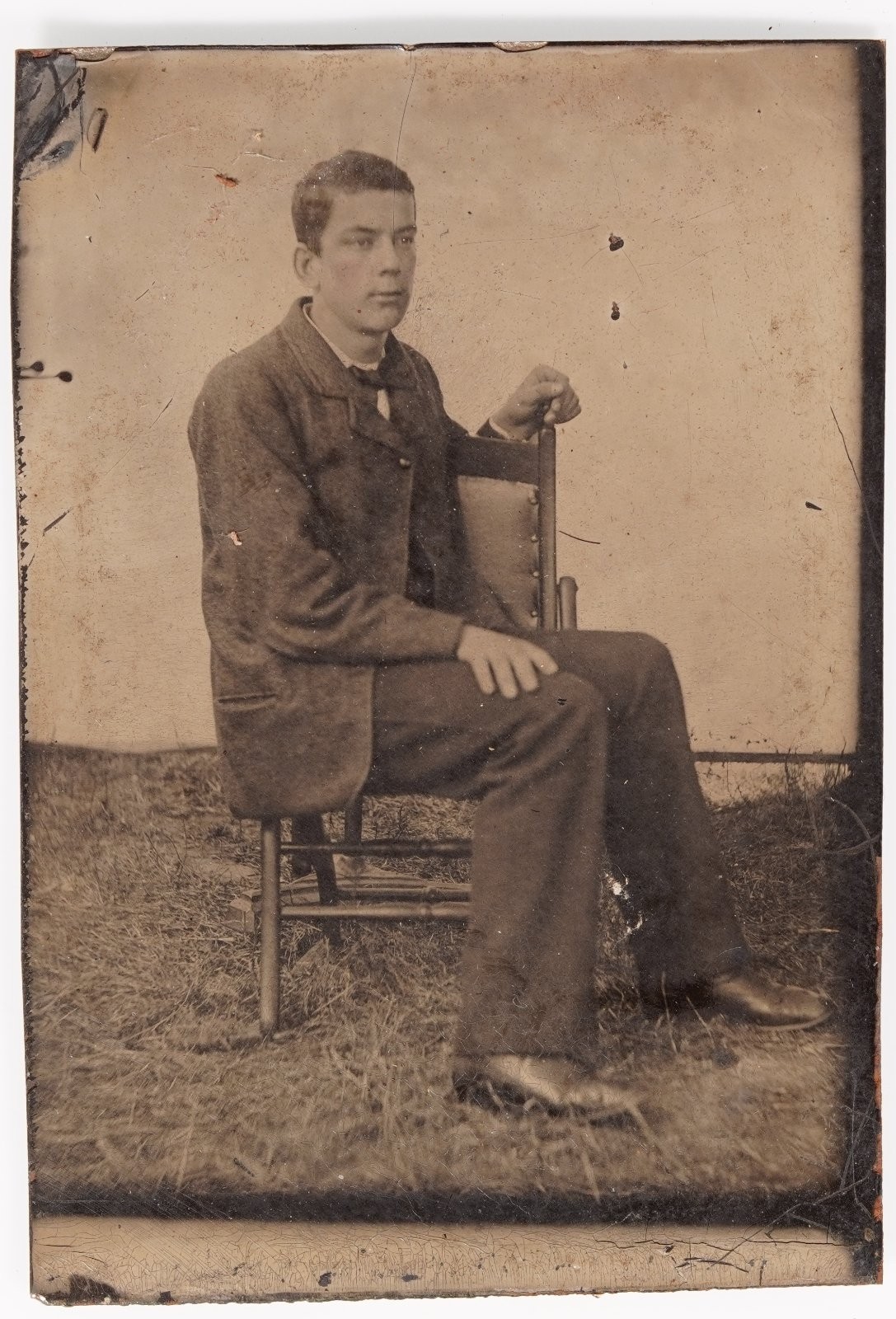 Antique Sixth Plate Tintype Young Man Seated in Chair Wearing Suit Full Length