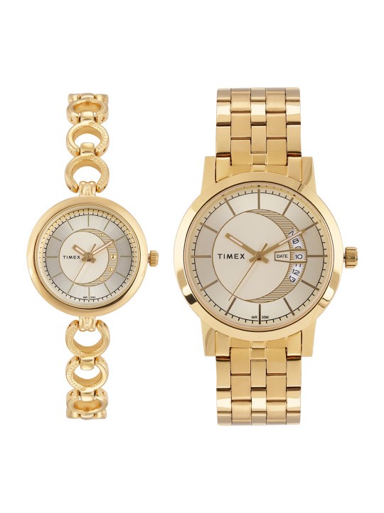 Timex His and Hers Watch Set Gold Dial Stainless Steel Bracelet Date Window Pair