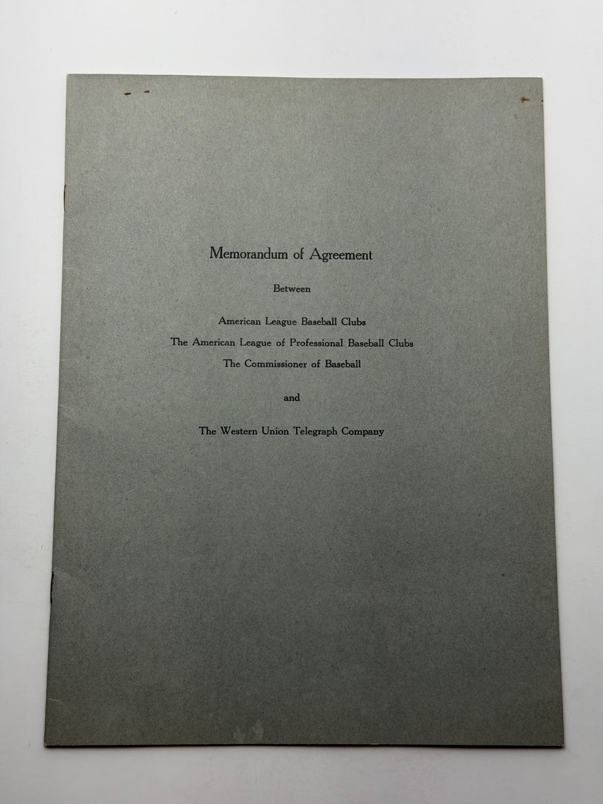 Vintage 1938 Memorandum of Agreement American League Baseball and Western Union Vintage 1938 Memorandum of Agreement American League Baseball and Western Union