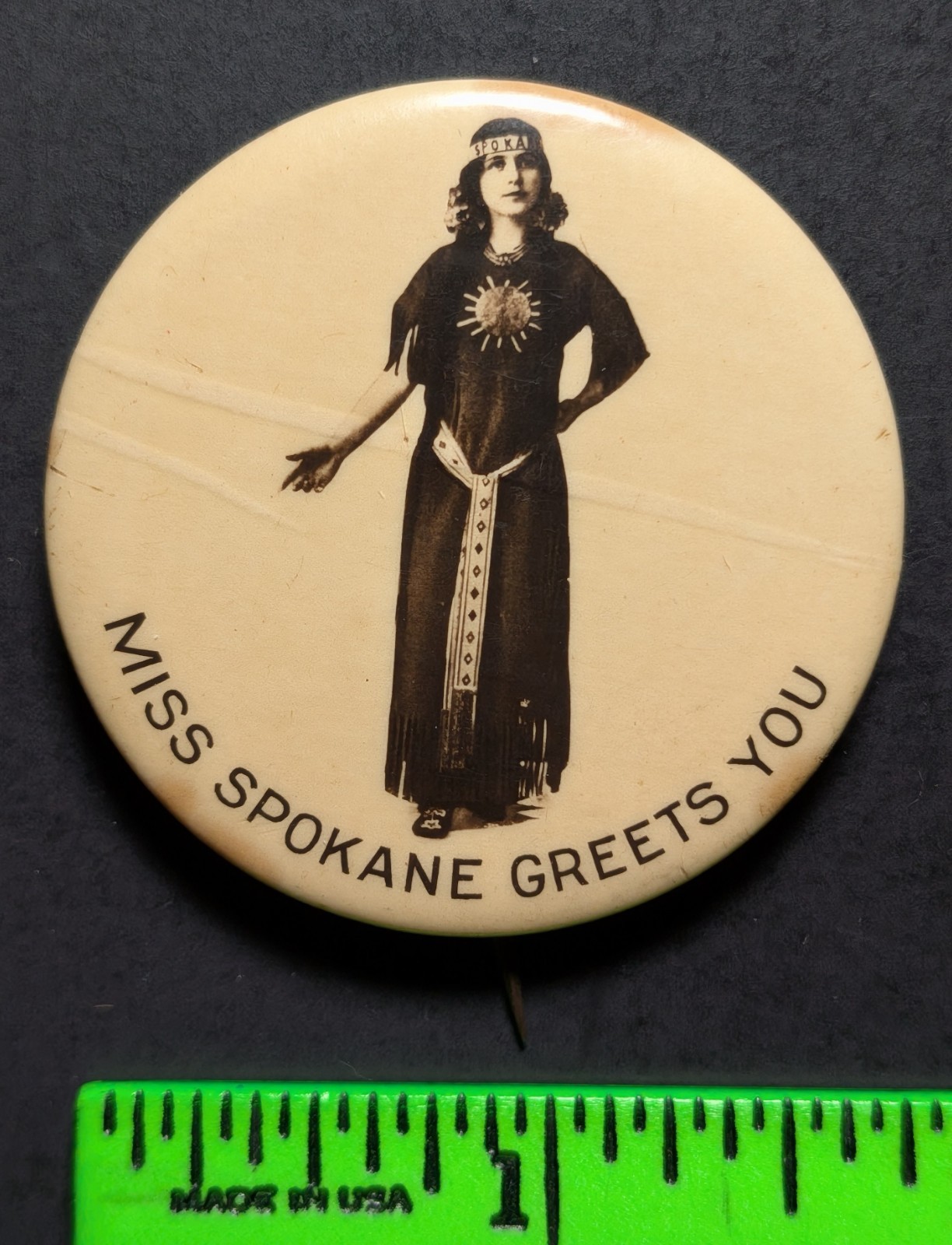 Vintage Real Photo Miss Spokane Native Woman Pinback Pin (Stains) Vintage Real Photo Miss Spokane Native Woman Pinback Pin (Stains)