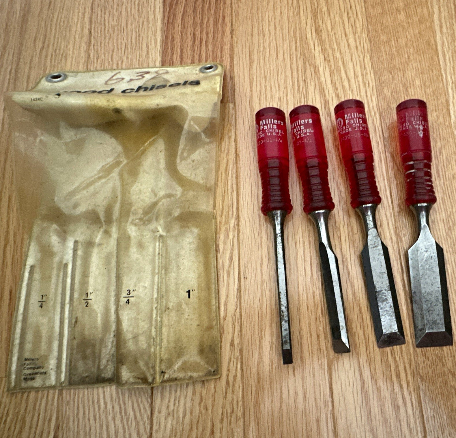 Vintage Millers Falls 1434C Wood Chisel Set 4 Pc 1/4 1/2 3/4 1\