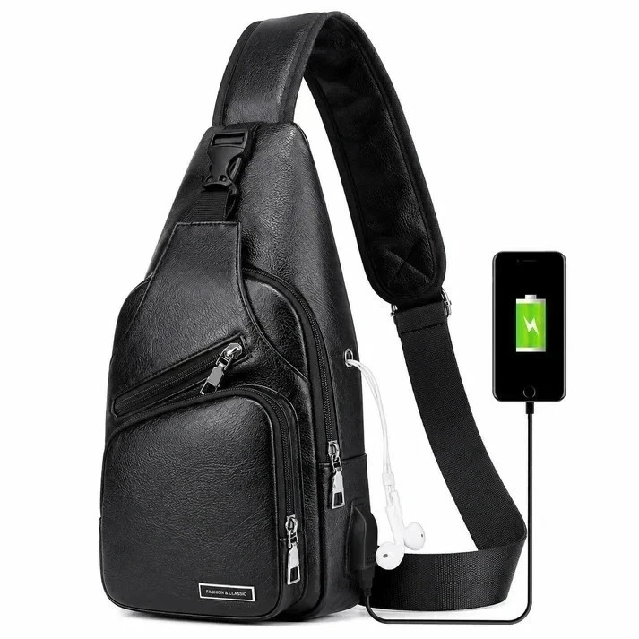 Mochila bandolera negra para hombre con puerto de carga USB.