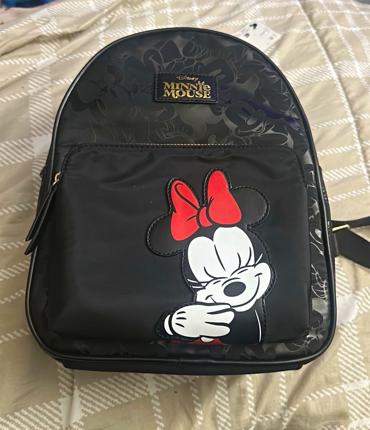 Primark Disney Minnie Mouse Small Black Mini Backpack w/ Red Bow Patch