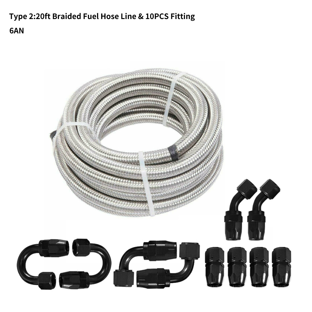 10/20FT 6/8/10/AN Stainless Steel Braided Fuel/Oil/Gas Hose Line & Fittings Kit