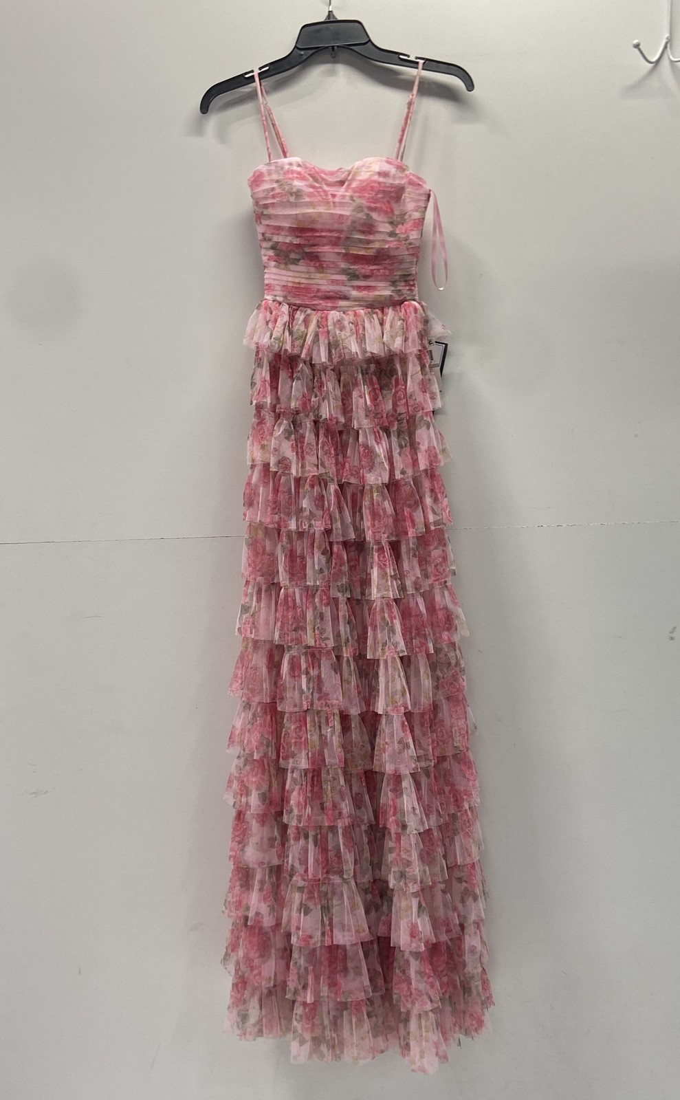 B. Darlin Women\'s Pink Floral Tiered Ruffle Tulle Maxi Dress NWT Sz 0