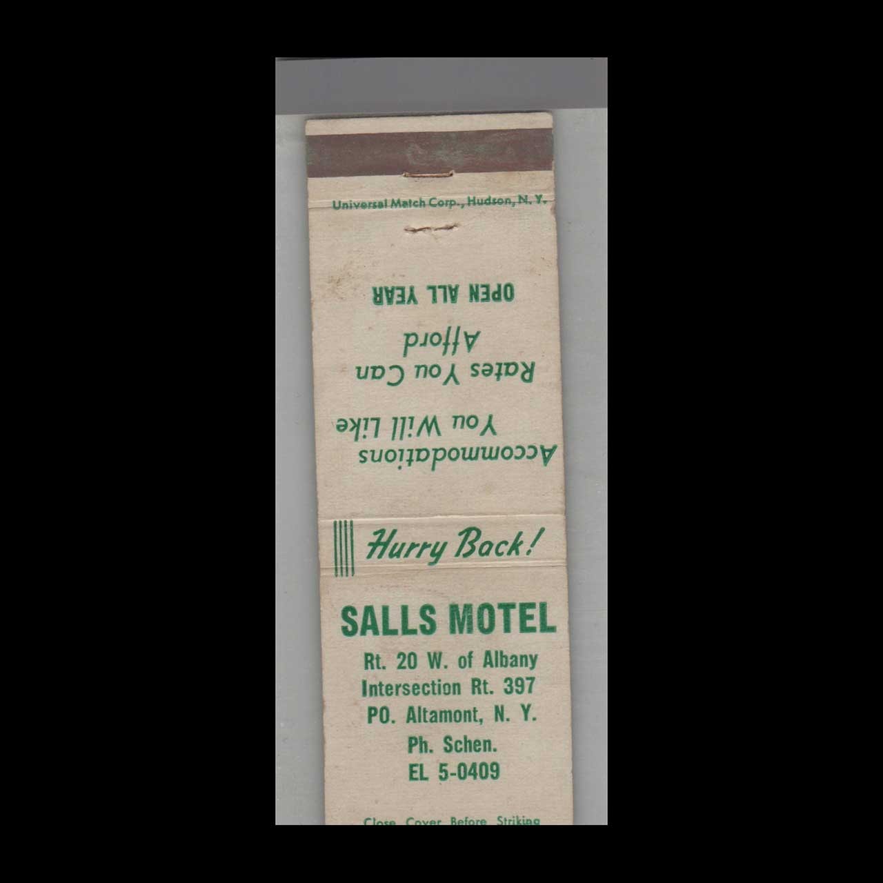 Matchbook Cover Salls Motel Altamont, NY