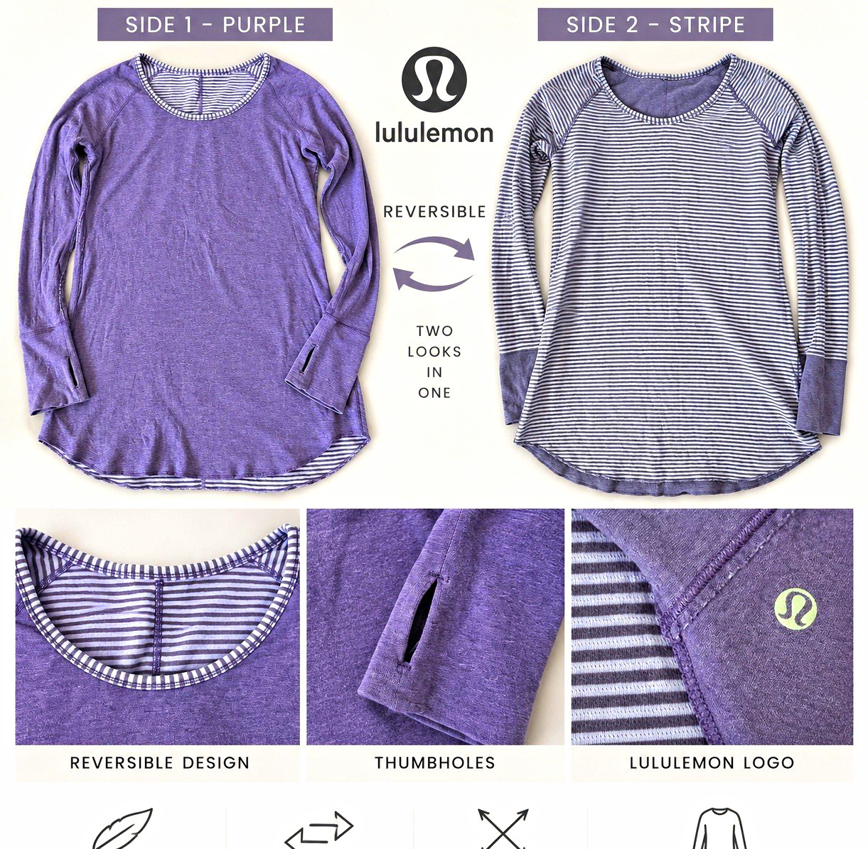 lululemon Women\'s Reversible Long Sleeve Scoop Neck Stripe Top Thumbholes lululemon Women\'s Reversible Long Sleeve Scoop Neck Stripe Top Thumbholes