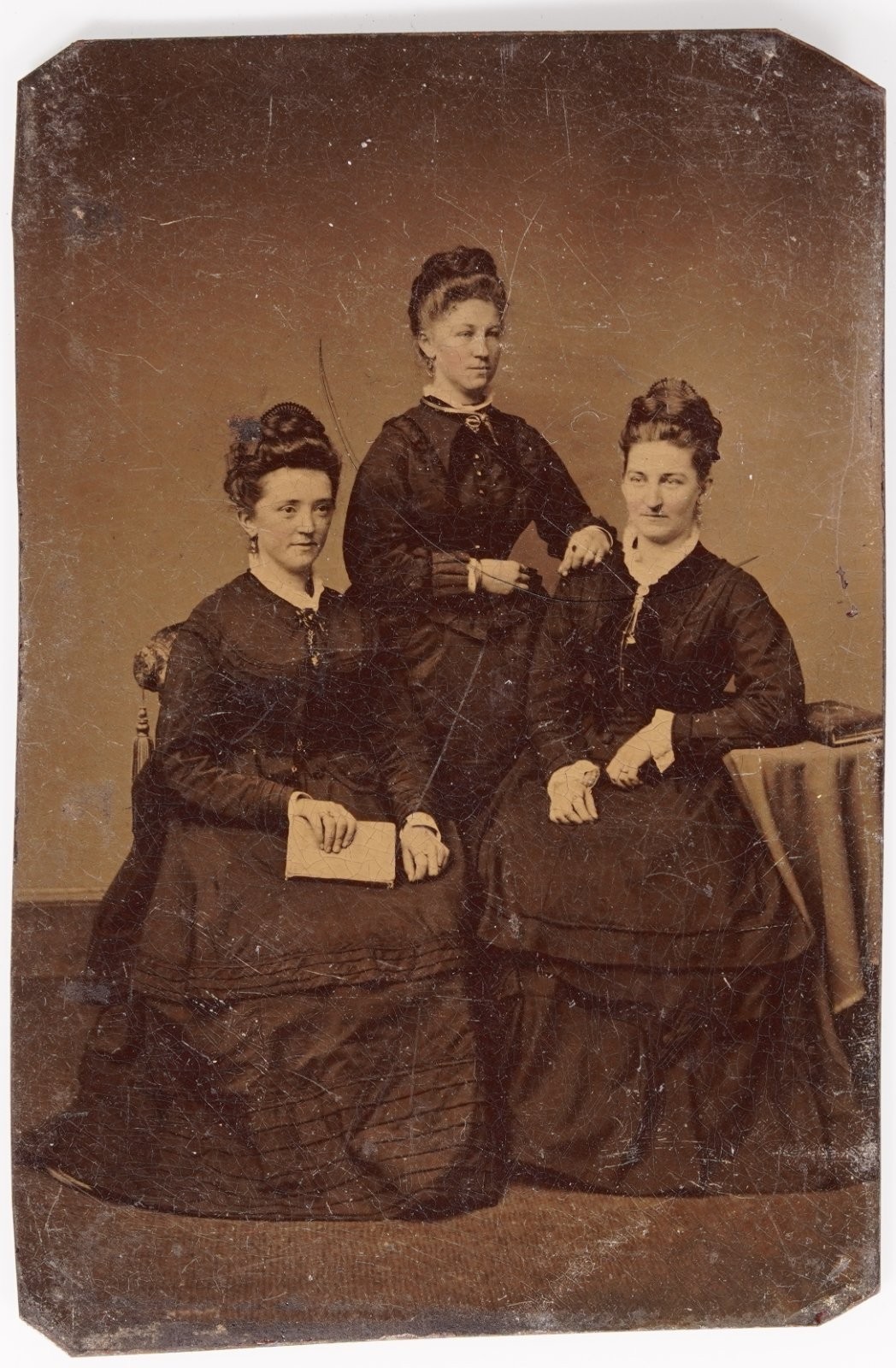 Antique Sixth Plate Tintype Three Victorian Women Black Dresses Updo Hairstyles