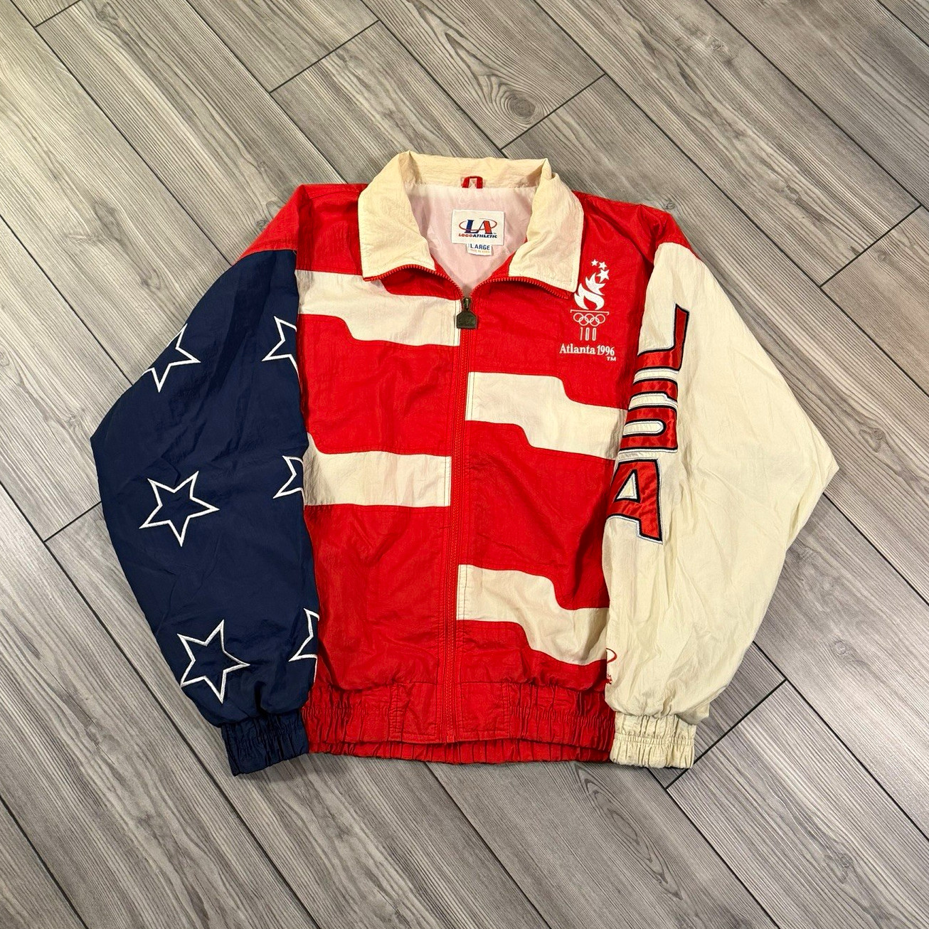 VTG LOGO ATHLETIC 1996 ATLANTA OLYMPICS AMERICAN FLAG WINDBREAKER JACKET MENS L