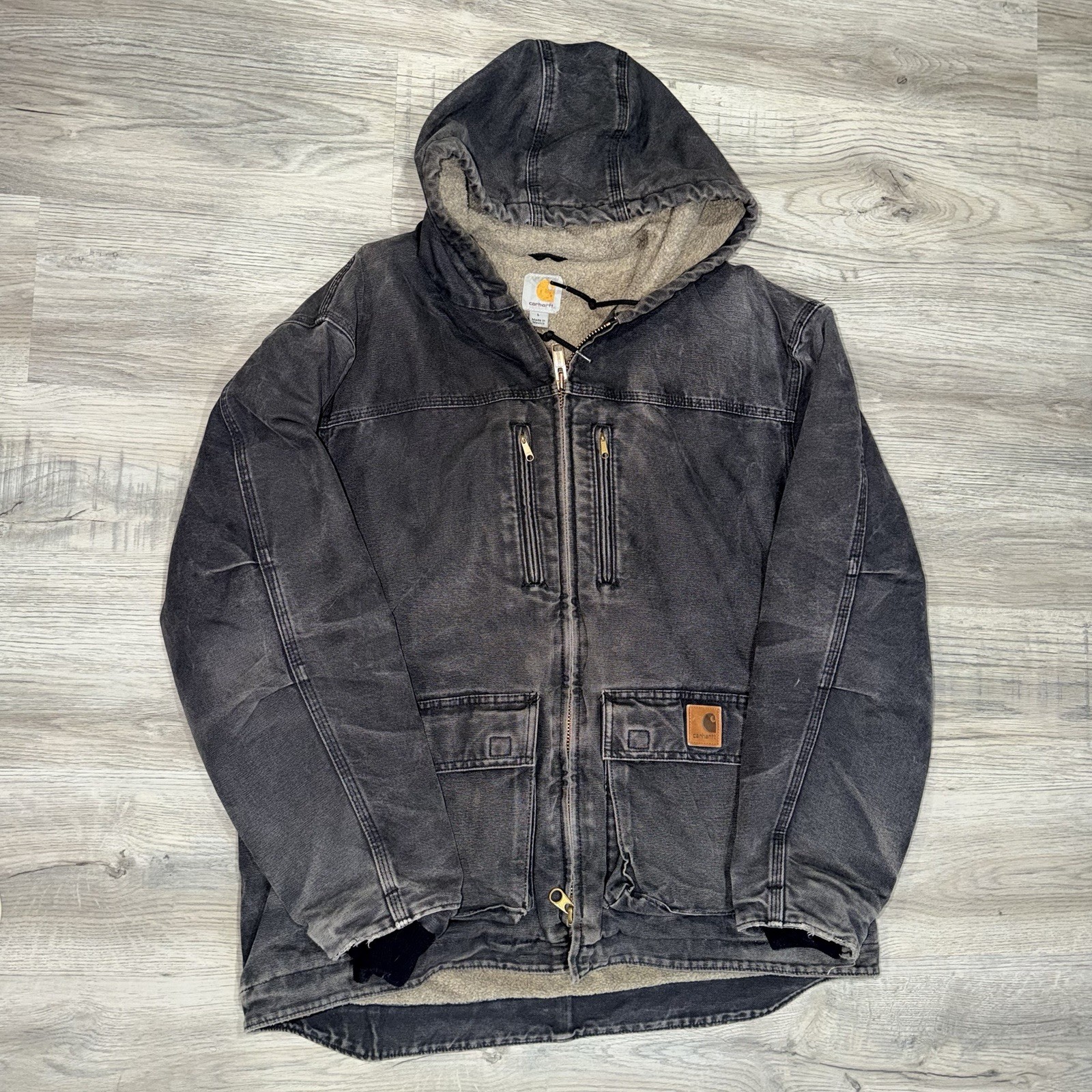 Carhartt Men’s Large Sherpa Lined Hooded Duck Canvas Work Jacket Faded Black