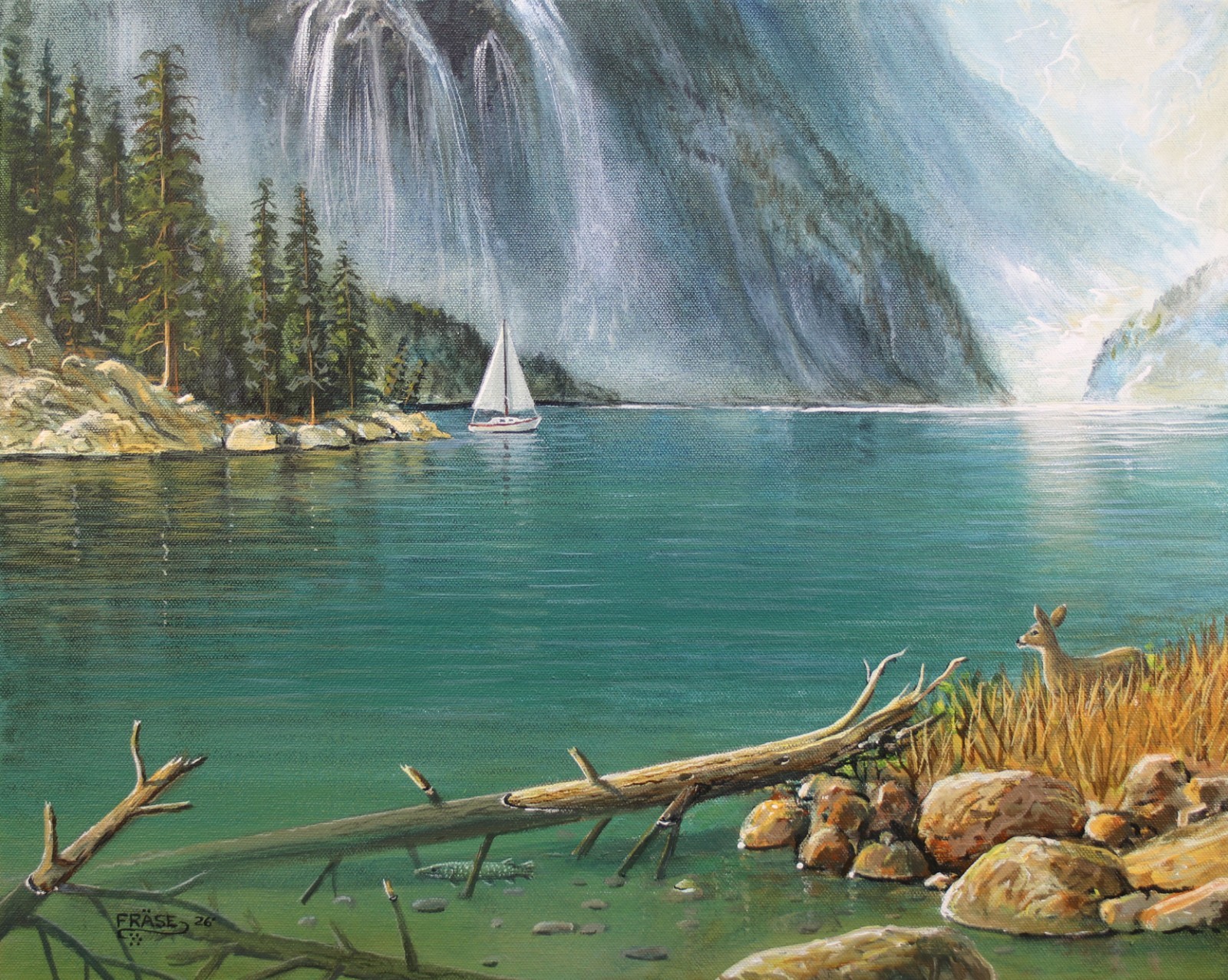 FRASE ORIGINAL PAINTING SEASCAPE SAILBOAT DEER MOUNTAINS WATERFALL LANDSCAPE ART