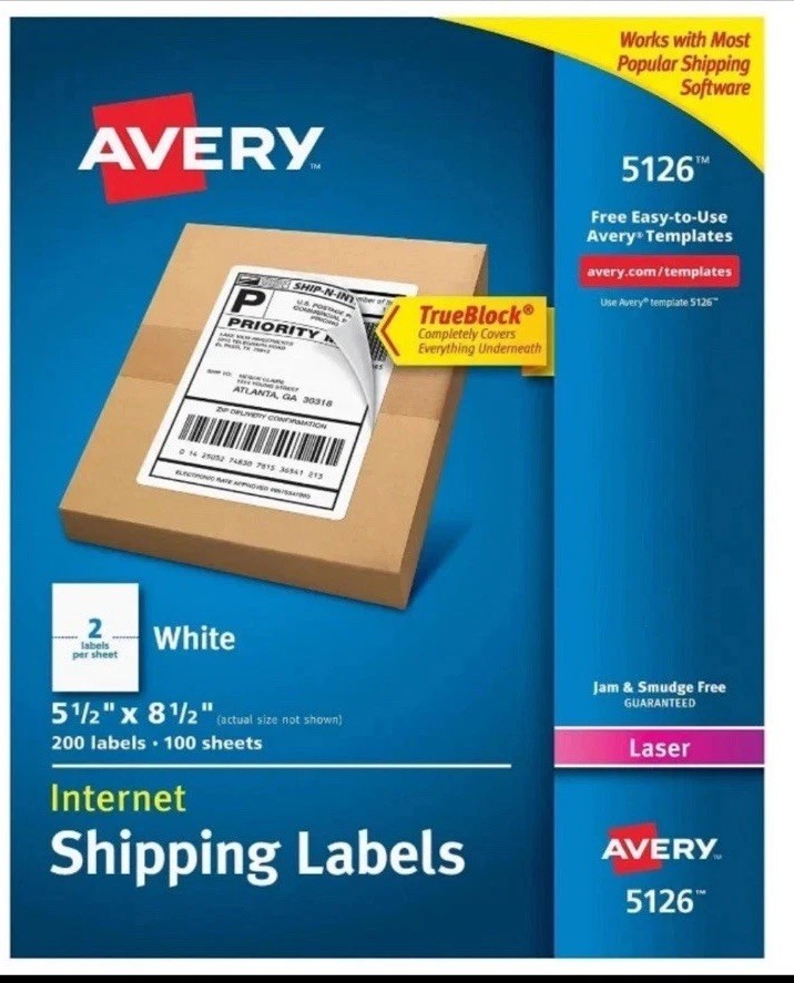 4 pk Avery 5126 Internet Shipping Labels White 5-1/2 x 8-1/2 in 200 Labels 4 pk Avery 5126 Internet Shipping Labels White 5-1/2 x 8-1/2 in 200 Labels