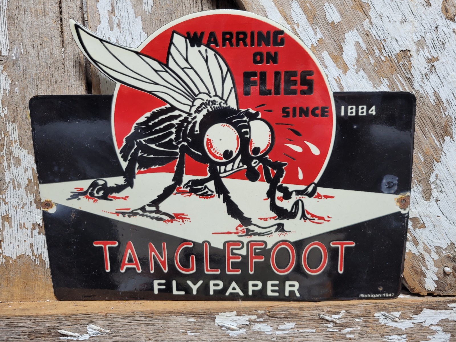 VINTAGE TANGLEFOOT PORCELAIN SIGN OLD 1947 MICHIGAN FLYPAPER HARDWARE BUG TOOL