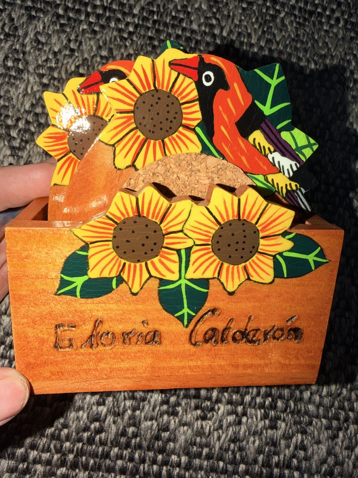 Vintage Wooden sunflower Oriole bird coaster set with 6 coasters and wooden box.