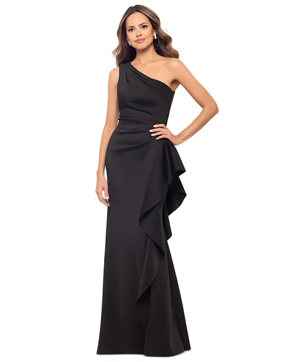 Xscape Black One-Shoulder Scuba Ruffle Gown Size 14 $248