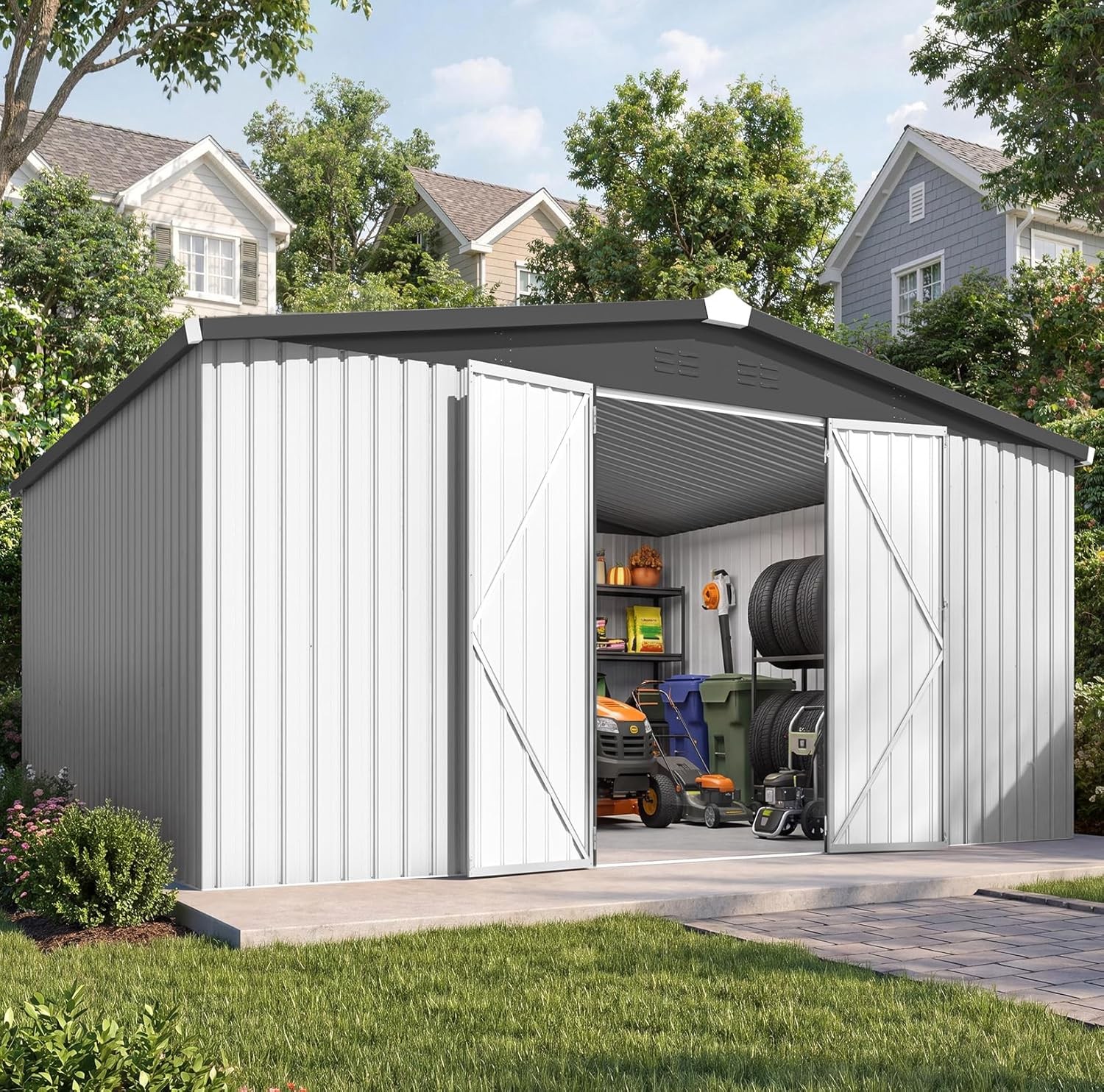 12x14 ft Metal Outdoor Storage Shed, Waterproof Lockable Double Doors, White 12x14 ft Metal Outdoor Storage Shed, Waterproof Lockable Double Doors, White