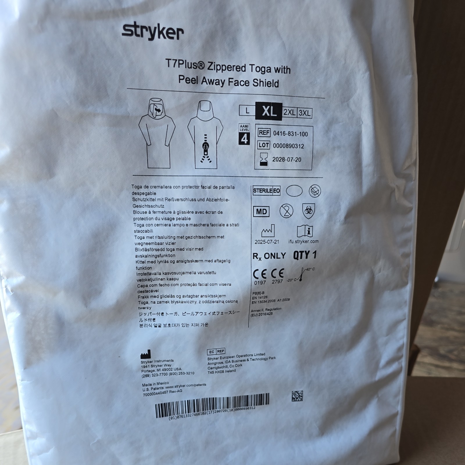 stryker T7 plus zippered togas with peel away face sheild XL- New in seal stryker T7 plus zippered togas with peel away face sheild XL- New in seal