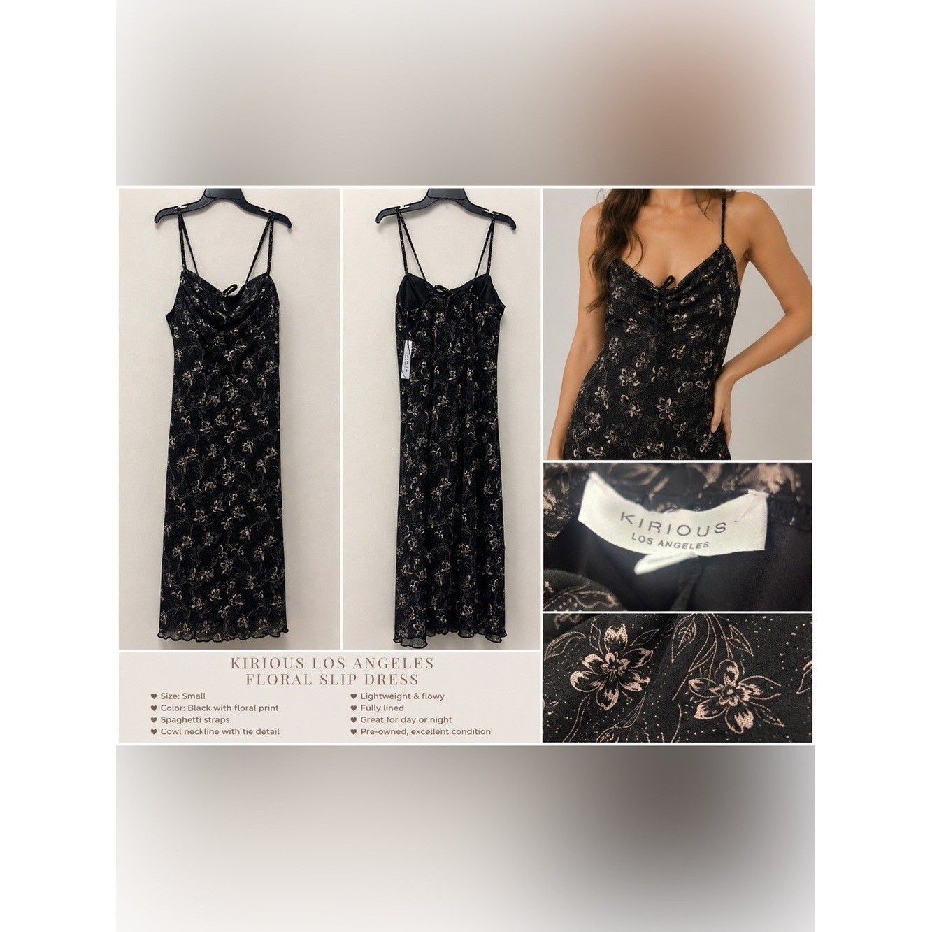 Kirious Los Angeles Black Floral Cowl Neck Slip Dress – Size S NWT Kirious Los Angeles Black Floral Cowl Neck Slip Dress – Size S NWT