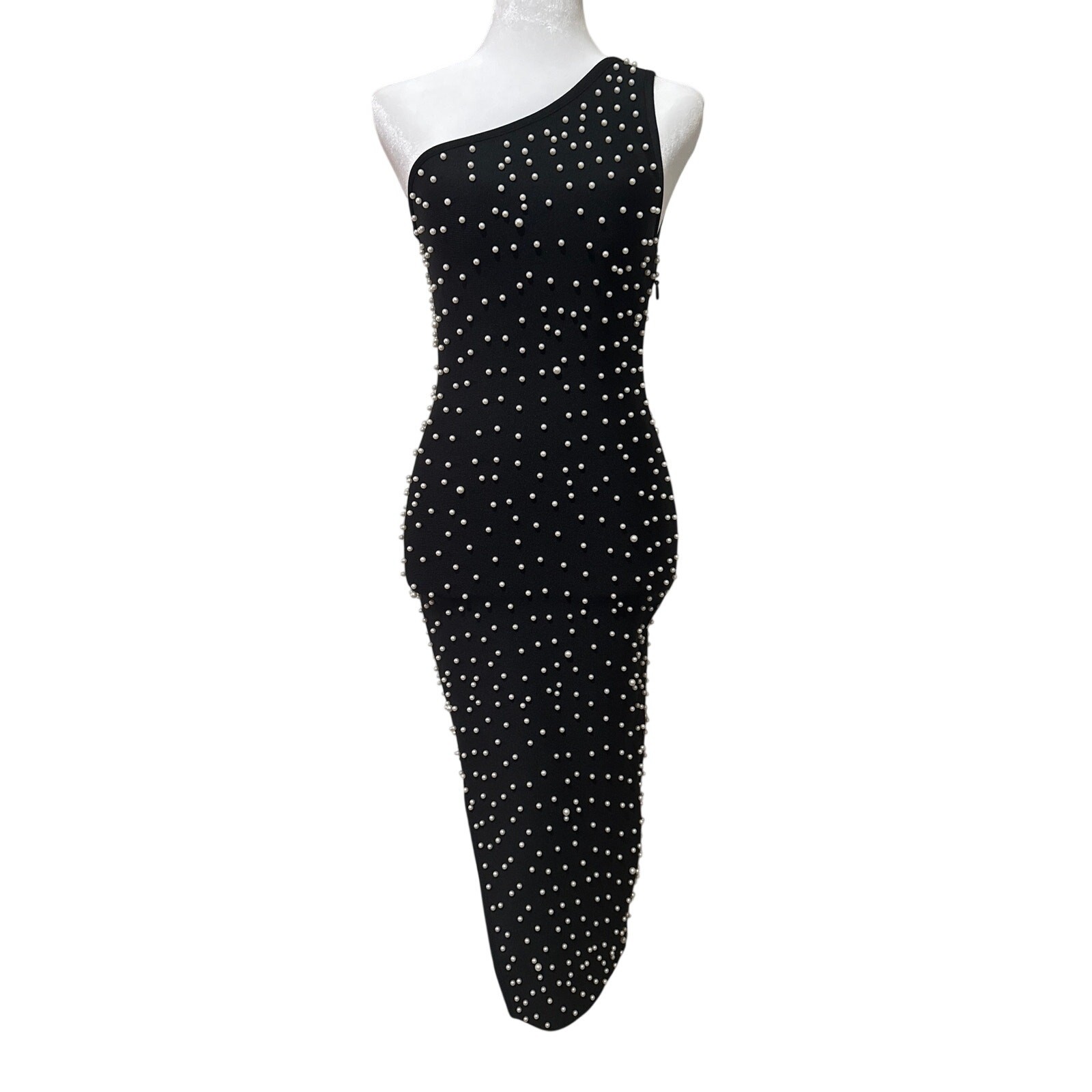 Bella Barnett Faux pearl beaded bodycon asymmetrical cocktail dress in Small