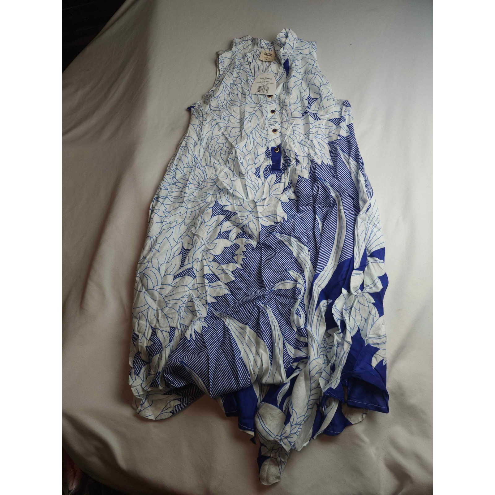 Seven Islands NY Blue White Floral Rayon Umbrella Dress Sleeveless Womens S NWT Seven Islands NY Blue White Floral Rayon Umbrella Dress Sleeveless Womens S NWT