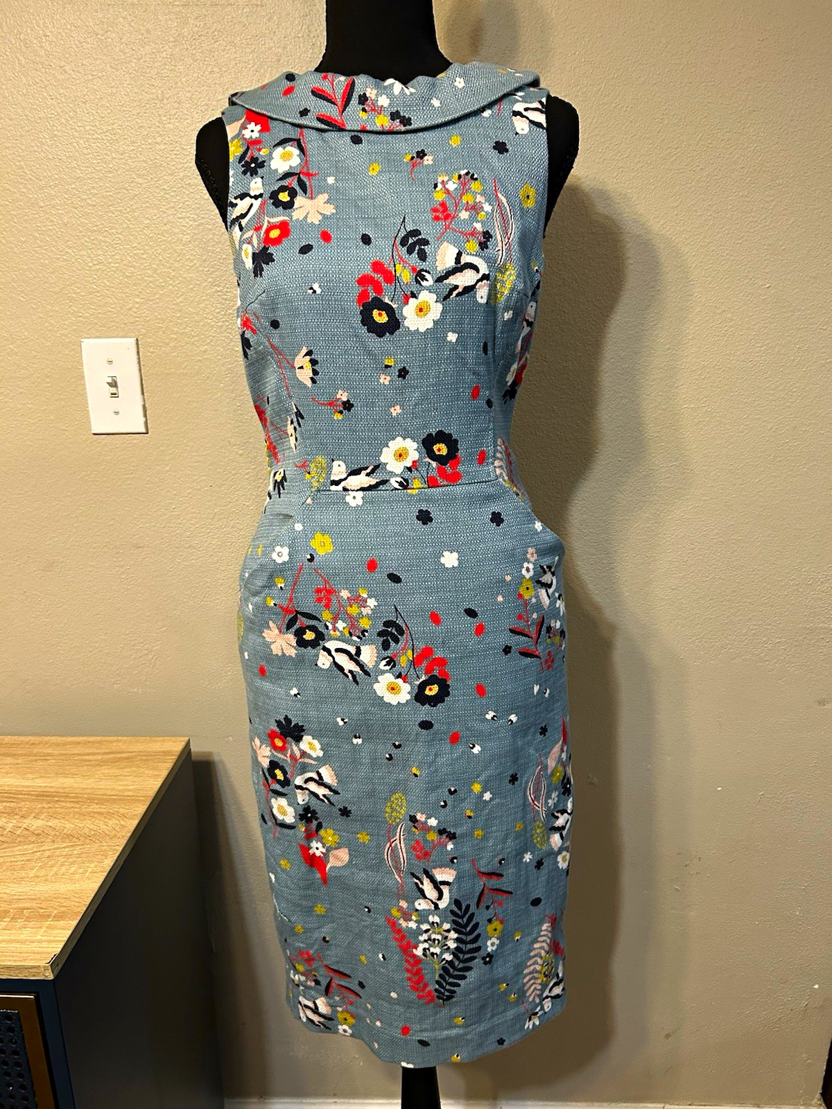 Boden Womens 4R Blue Floral Cotton Stretch Sheath Dress Collared Pockets