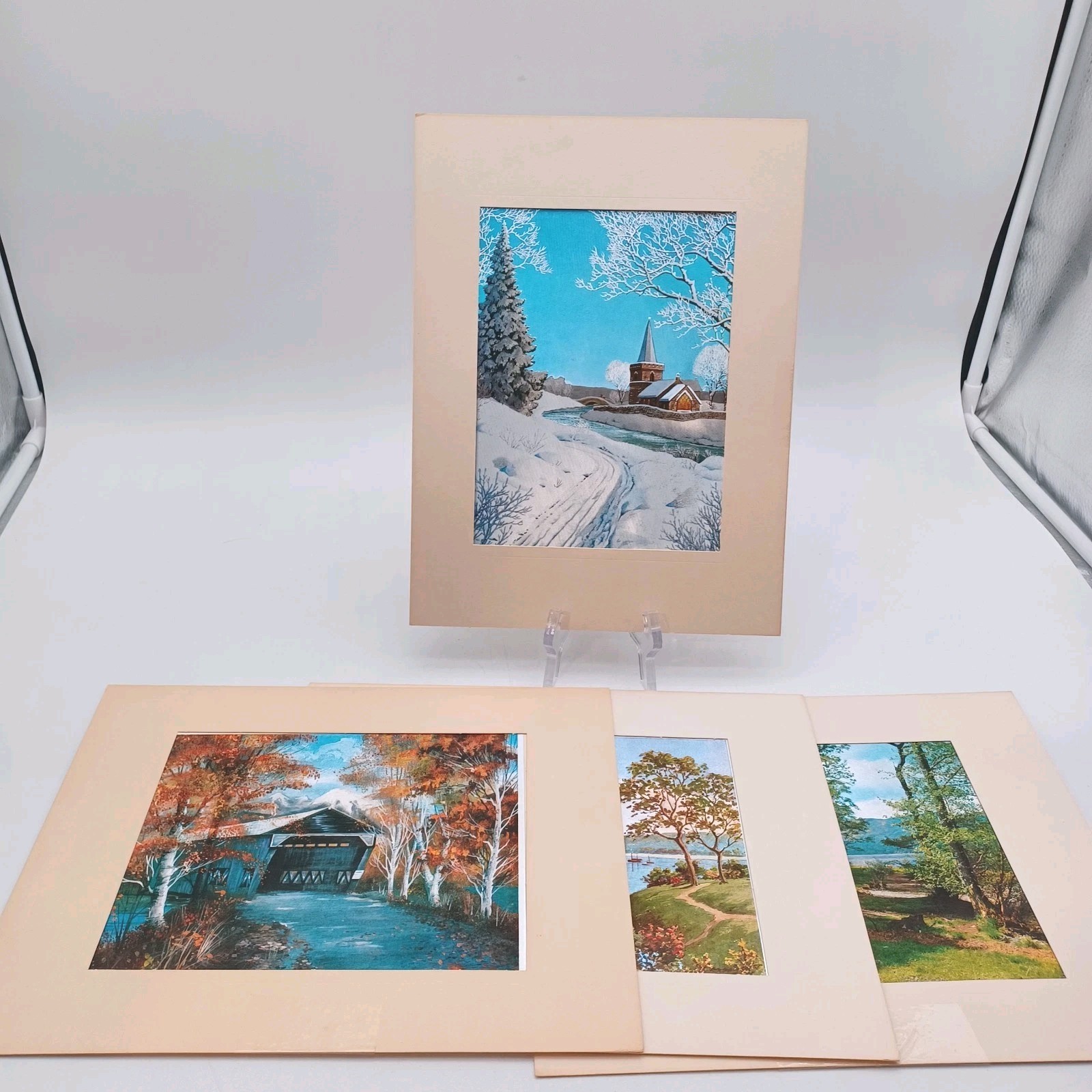 Vtg Holographic Foil Art Print set of 4 Landscape  Seasons Bridge 